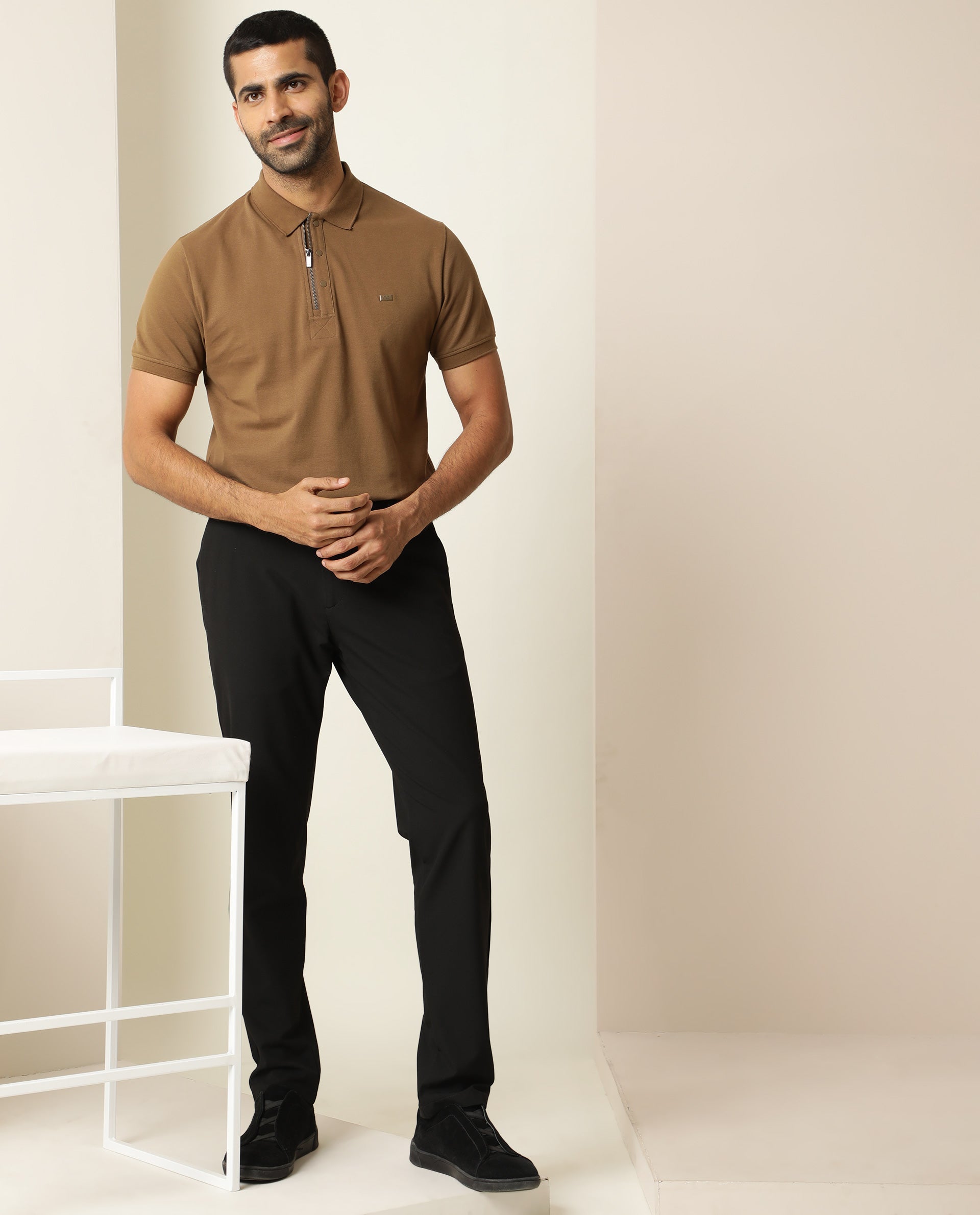 Rare Rabbit Men's Silas Brown Cotton Fabric Snap Button And Zipper Closure Collared Neck Half Sleeve Polo T-Shirt