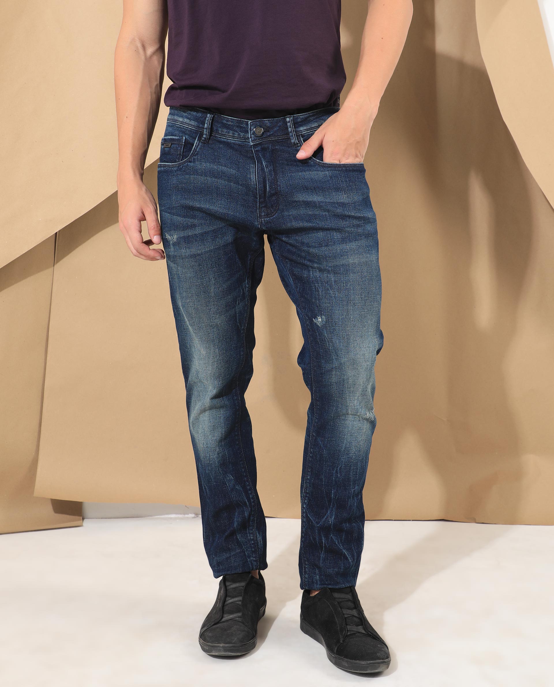 Rare Rabbit Men's Deigo Dark Blue Mid Wash Mid-Rise Mild Distressed Slim Fit Jeans