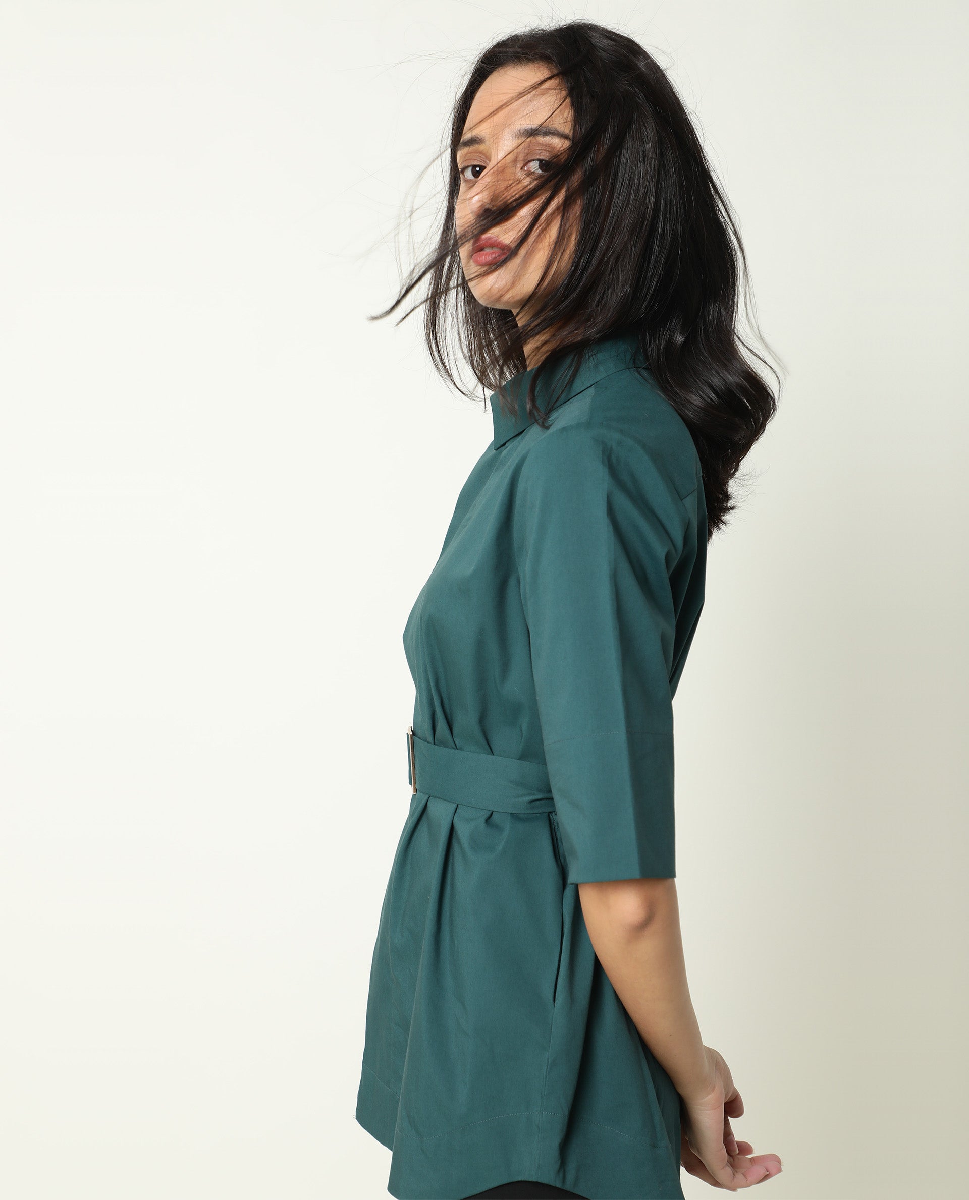 Rareism Women Cisco Dusky Green Cotton Lycra Fabric Short Sleeves Shirt Collar Regular Fit Plain Knee Length Top