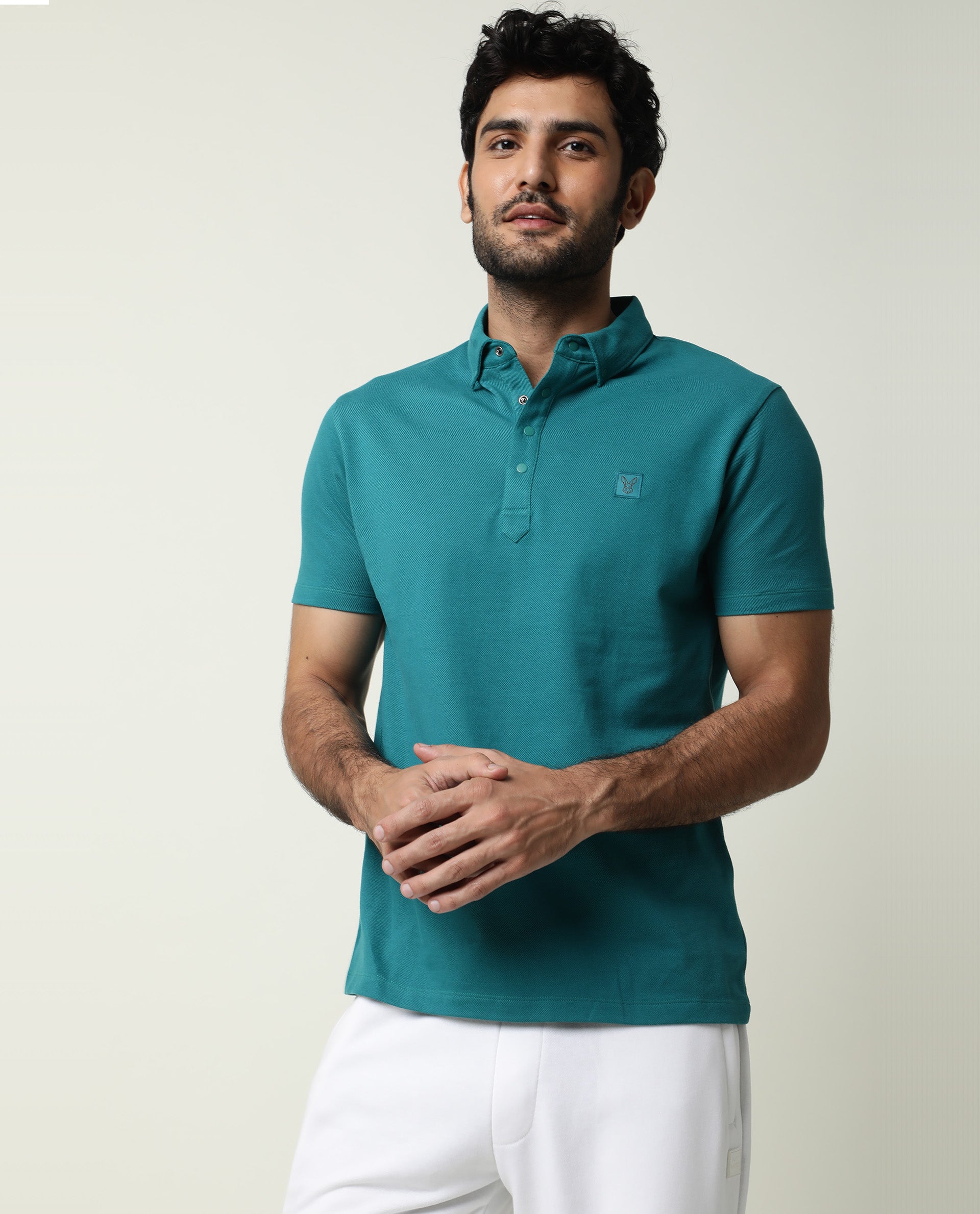 Rare Rabbit Men's Casso Green Cotton Fabric Collared Neck Half Sleeve Polo T-Shirt