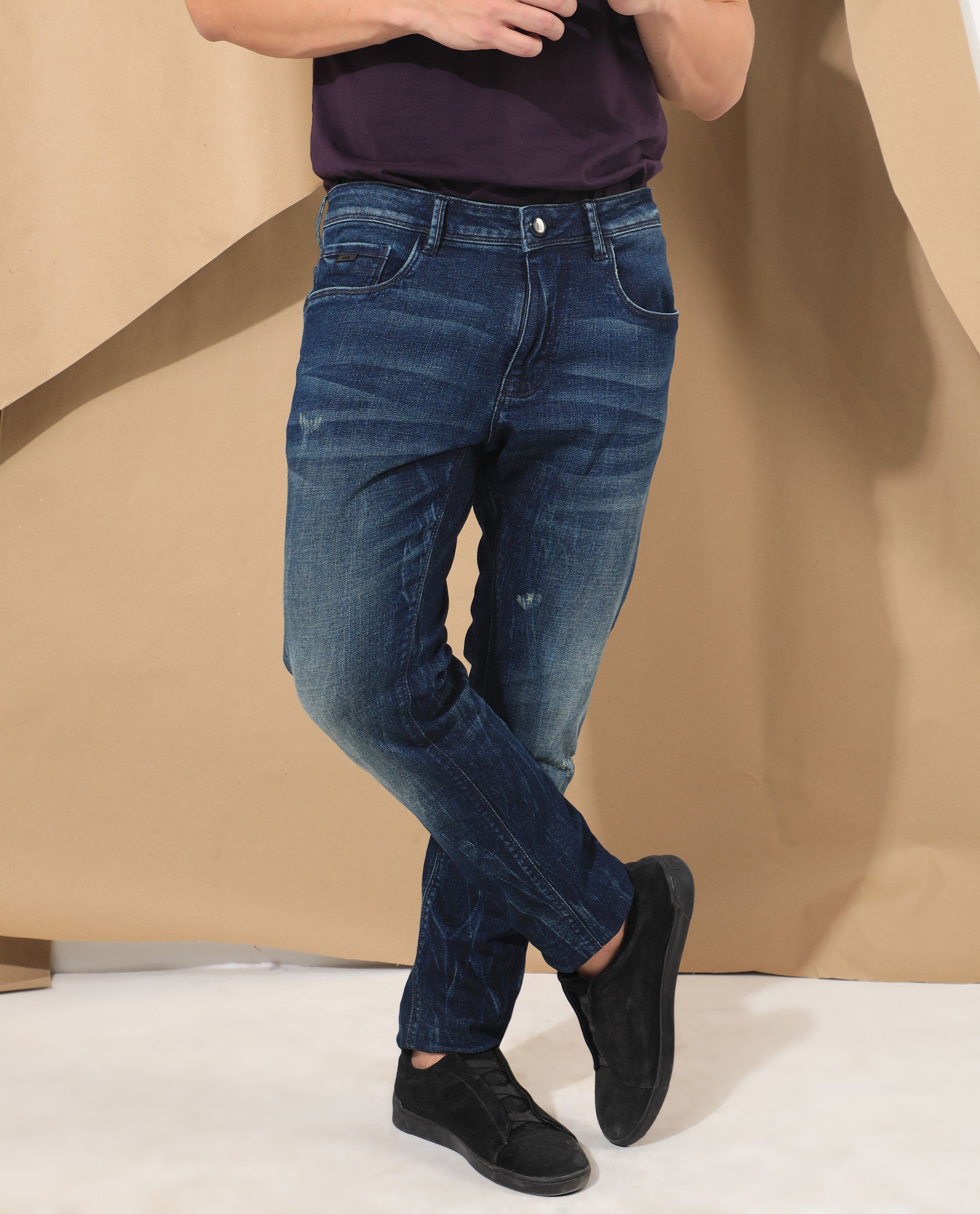 Rare Rabbit Men's Deigo Dark Blue Mid Wash Mid-Rise Mild Distressed Slim Fit Jeans