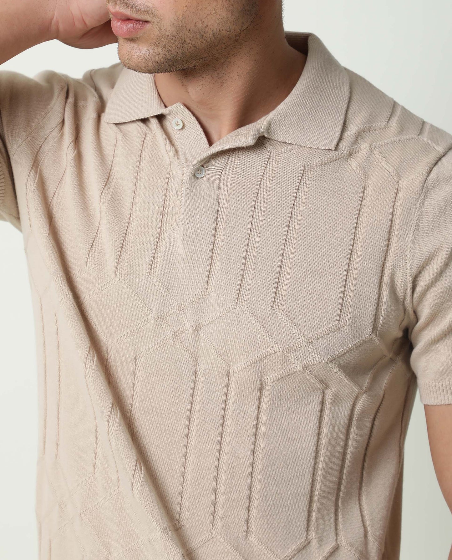 RARE RABBIT MEN'S LINK BEIGE POLO COTTON FABRIC COLLARED NECK HALF SLEEVES BUTTON CLOSURE SLIM FIT
