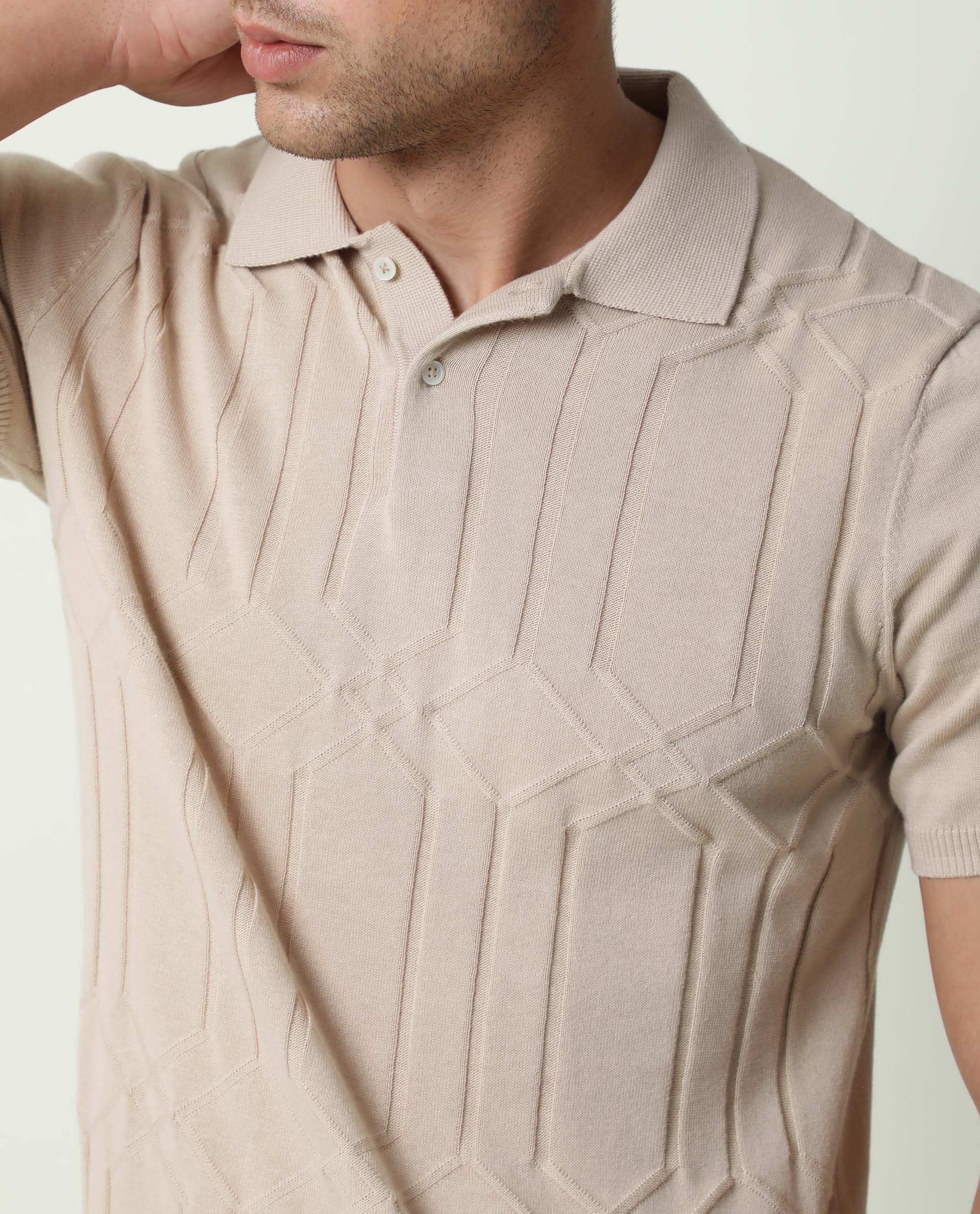 RARE RABBIT MEN'S LINK BEIGE POLO COTTON FABRIC COLLARED NECK HALF SLEEVES BUTTON CLOSURE SLIM FIT