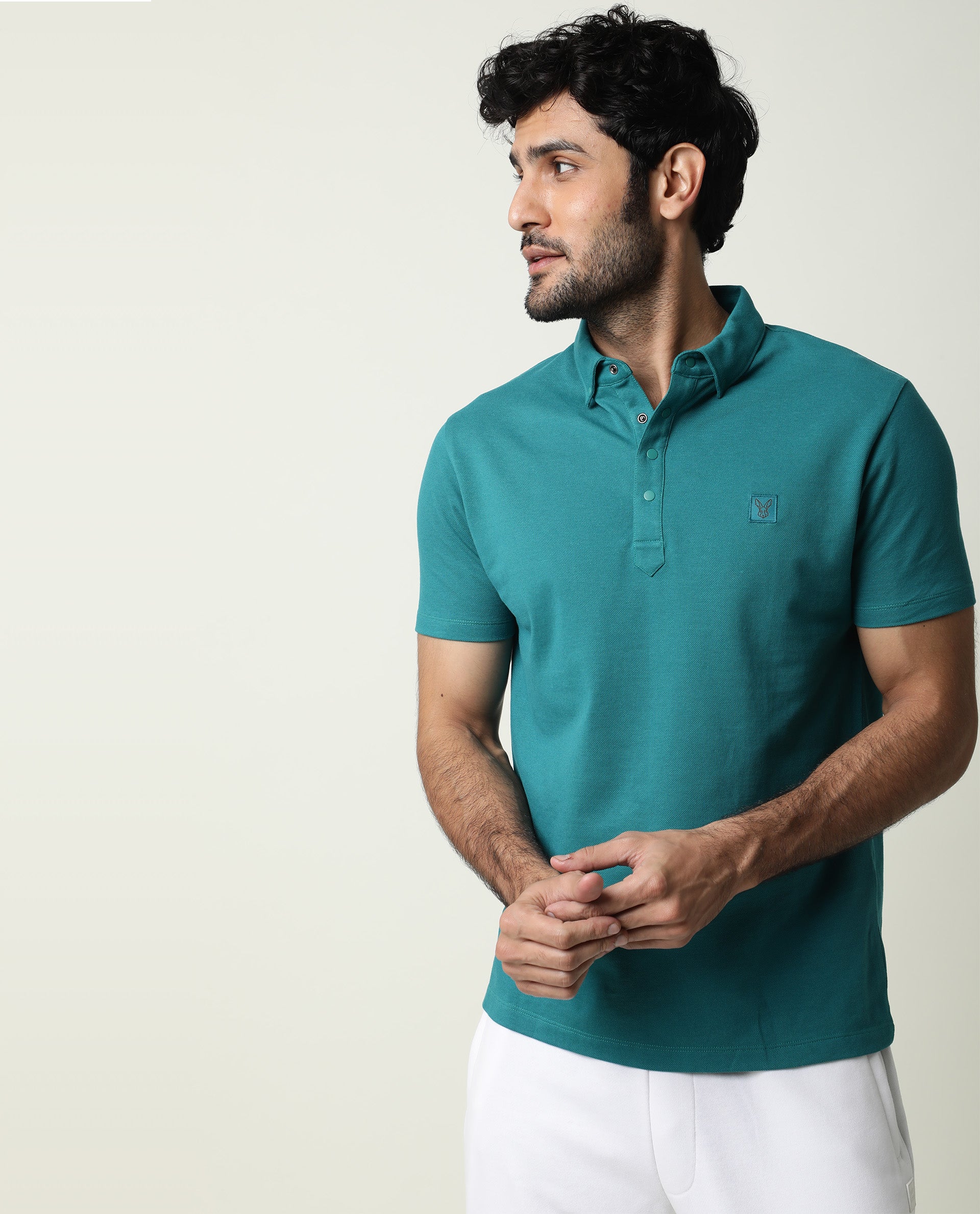 Rare Rabbit Men's Casso Green Cotton Fabric Collared Neck Half Sleeve Polo T-Shirt