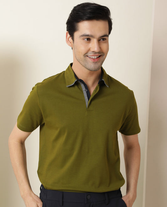 Rare Rabbit Tap Primary Green Cotton Fabric Half Sleeves Polo T-Shirt