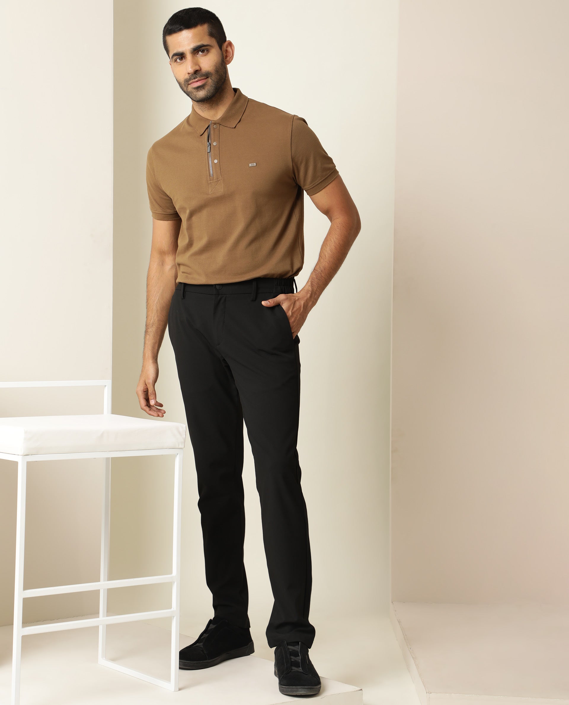 Rare Rabbit Men's Silas Brown Cotton Fabric Snap Button And Zipper Closure Collared Neck Half Sleeve Polo T-Shirt