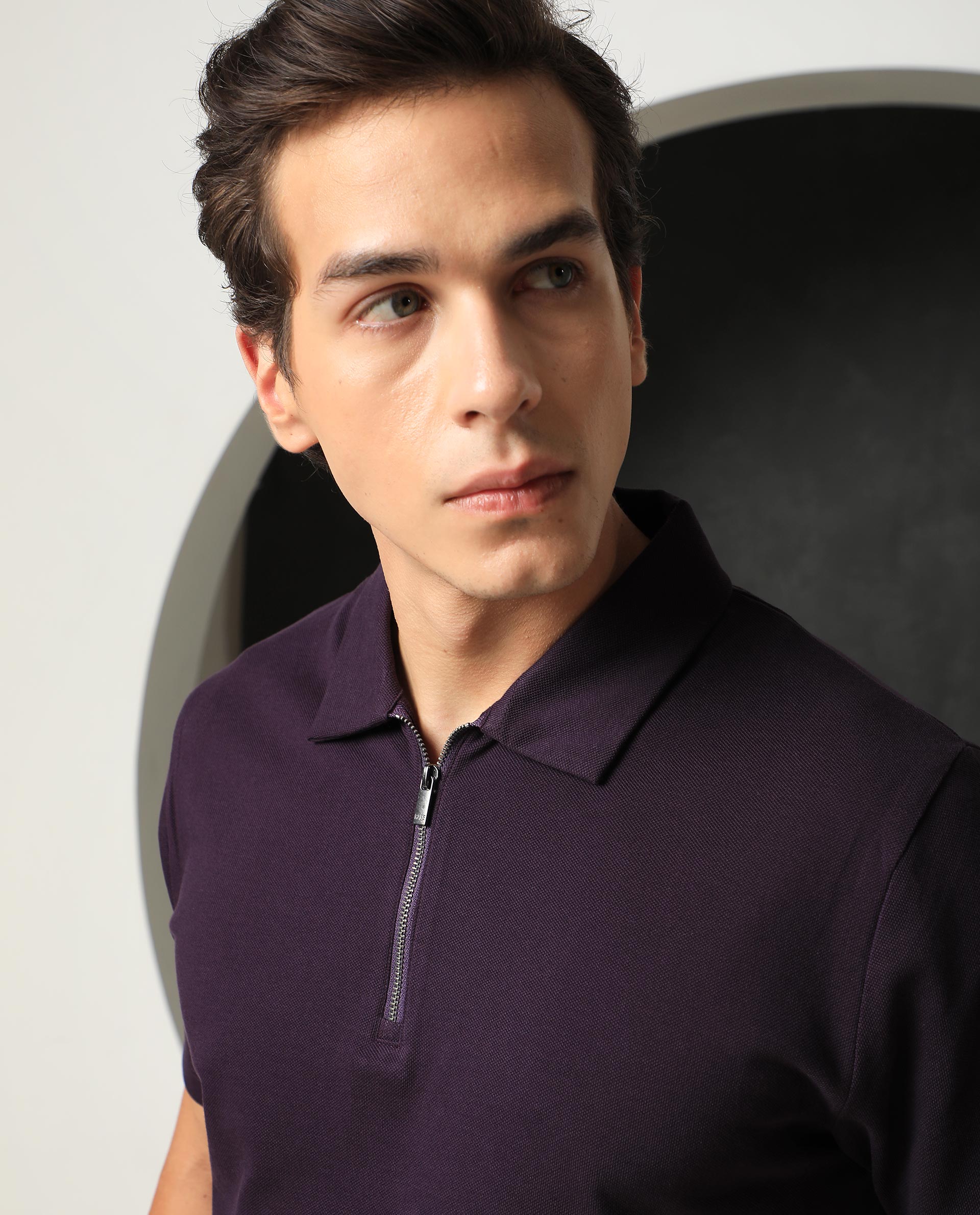 Rare Rabbit Men's Stel Maroon Cotton Fabric Collared Neck Zipper Closure Half Sleeves Flat Knit Polo T-Shirt
