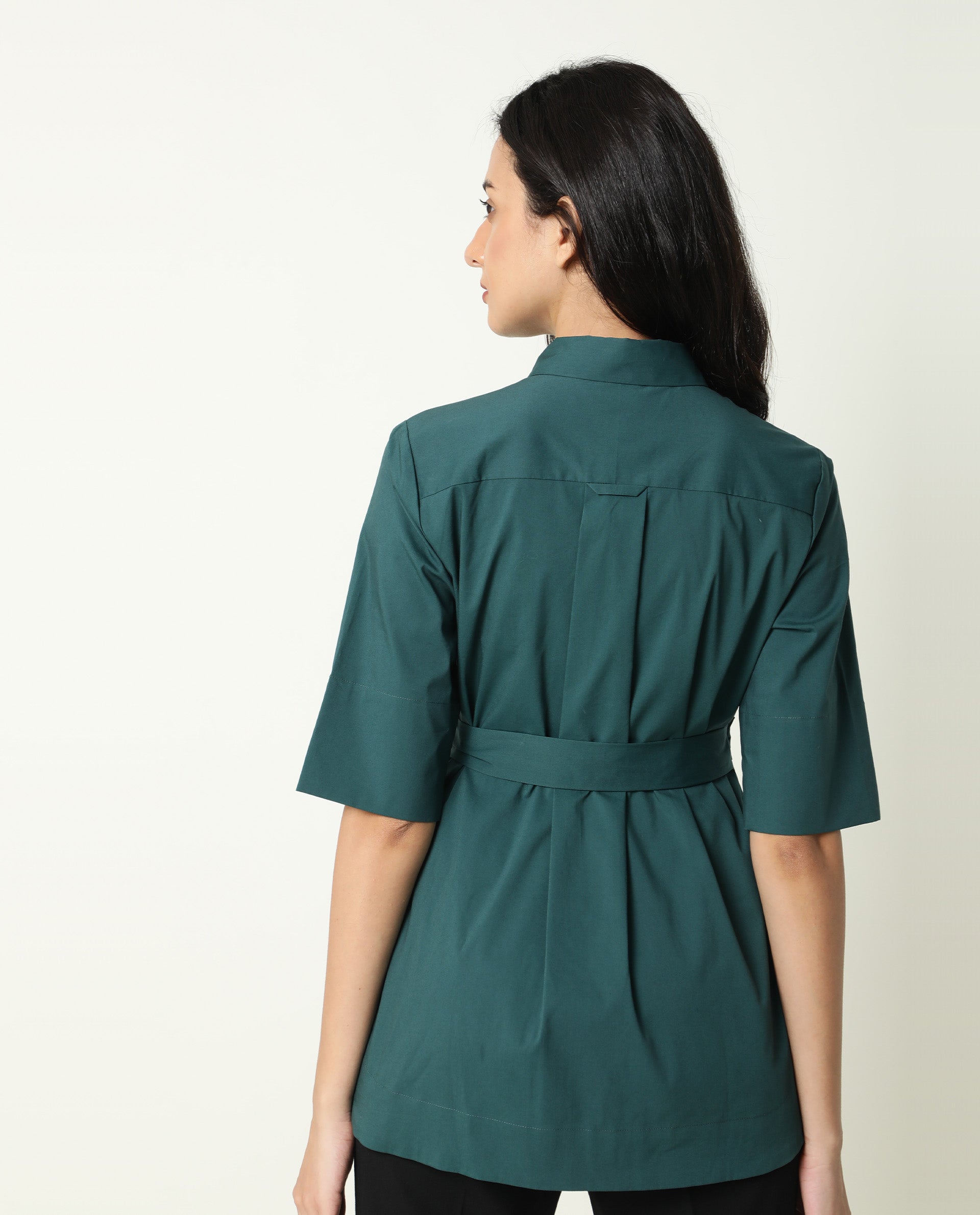 Rareism Women Cisco Dusky Green Cotton Lycra Fabric Short Sleeves Shirt Collar Regular Fit Plain Knee Length Top