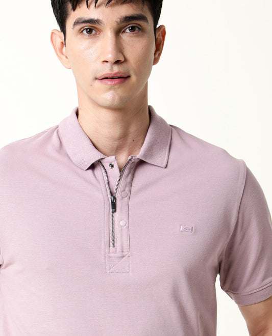 Rare Rabbit Men's Salis Pink Cotton Fabric Collared Neck Half Sleeves Button Closure Slim Fit Polo T-Shirt