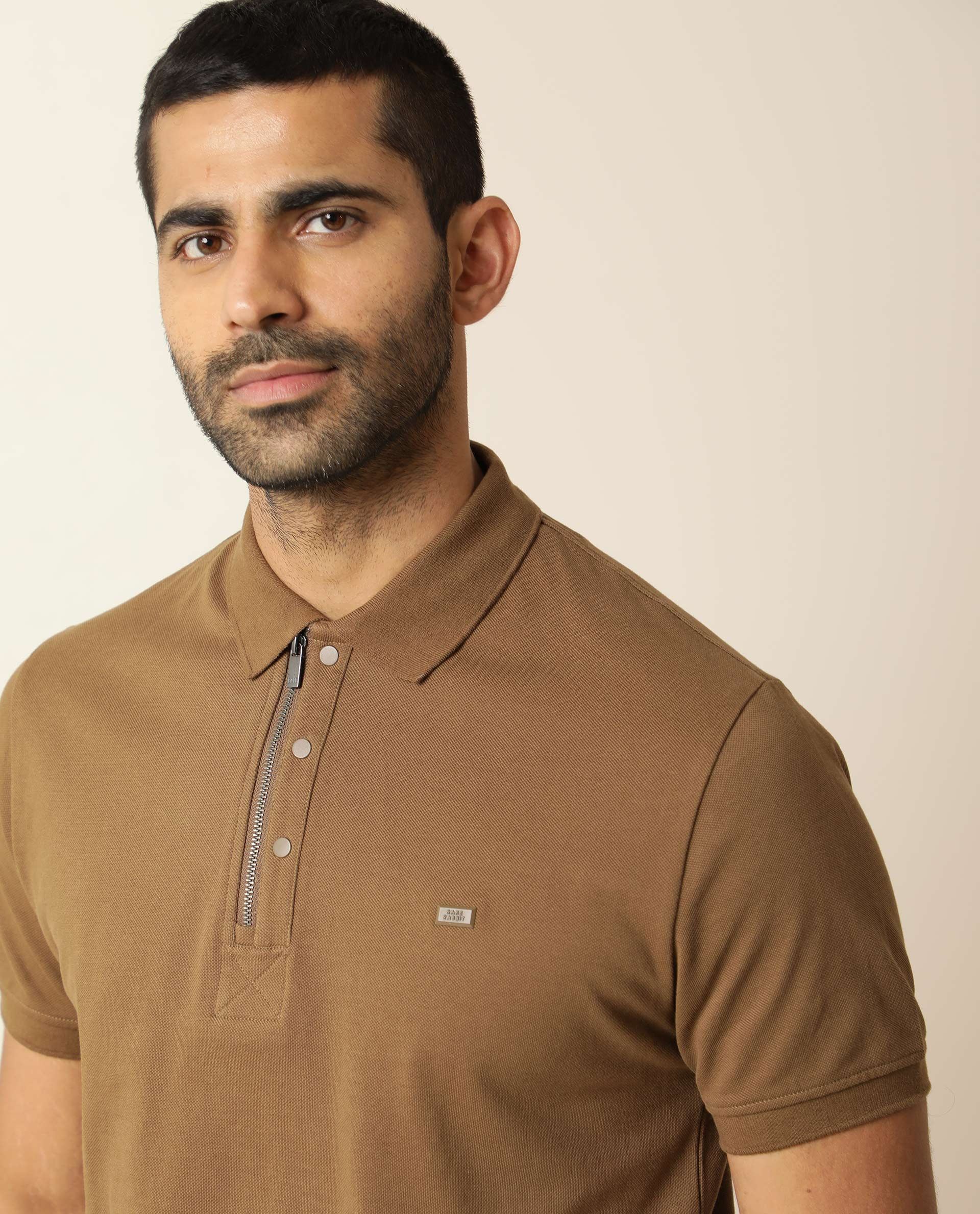 Rare Rabbit Men's Silas Brown Cotton Fabric Snap Button And Zipper Closure Collared Neck Half Sleeve Polo T-Shirt