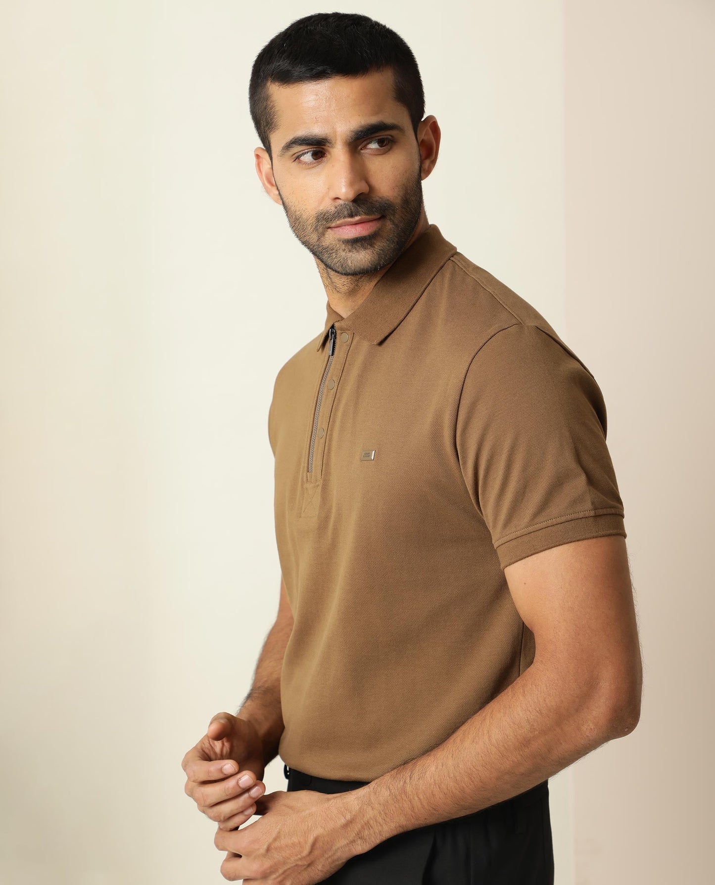 Rare Rabbit Men's Silas Brown Cotton Fabric Snap Button And Zipper Closure Collared Neck Half Sleeve Polo T-Shirt