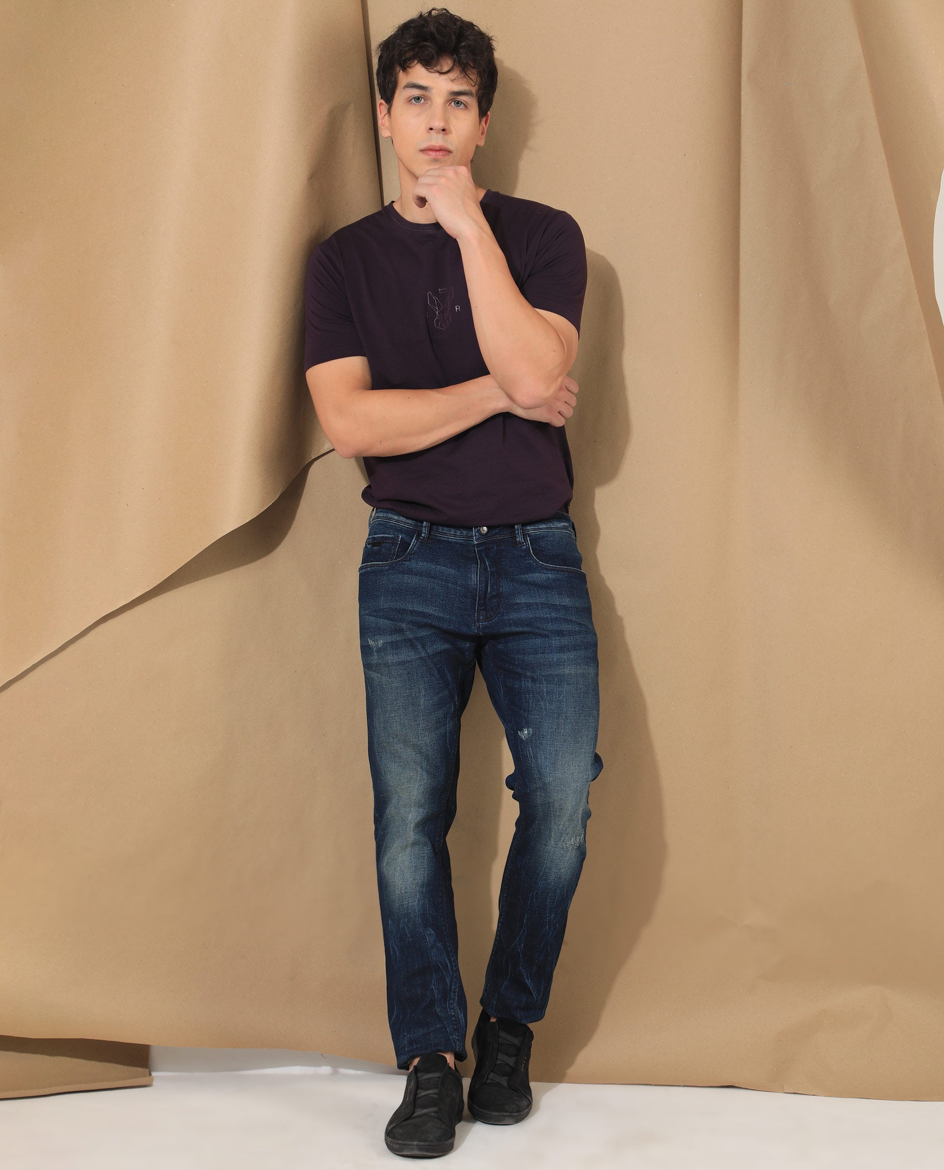 Rare Rabbit Men's Deigo Dark Blue Mid Wash Mid-Rise Mild Distressed Slim Fit Jeans