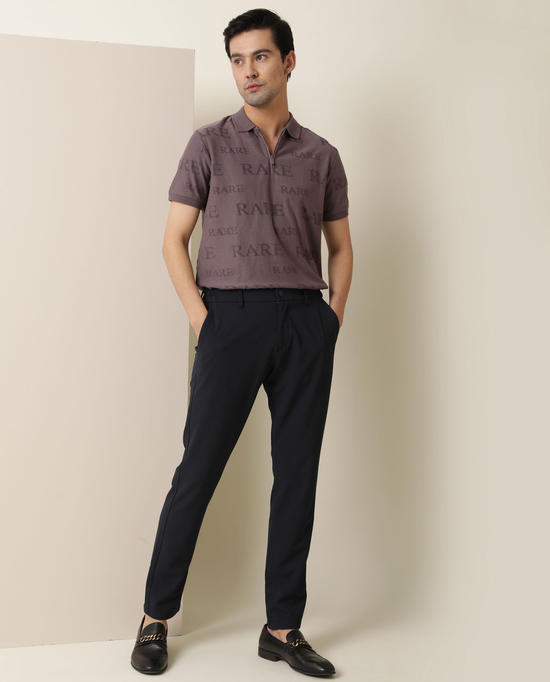 Rare Rabbit Men's Gesset Purple Cotton Fabric Collared Neck Half Sleeves Statement Polo T-Shirt