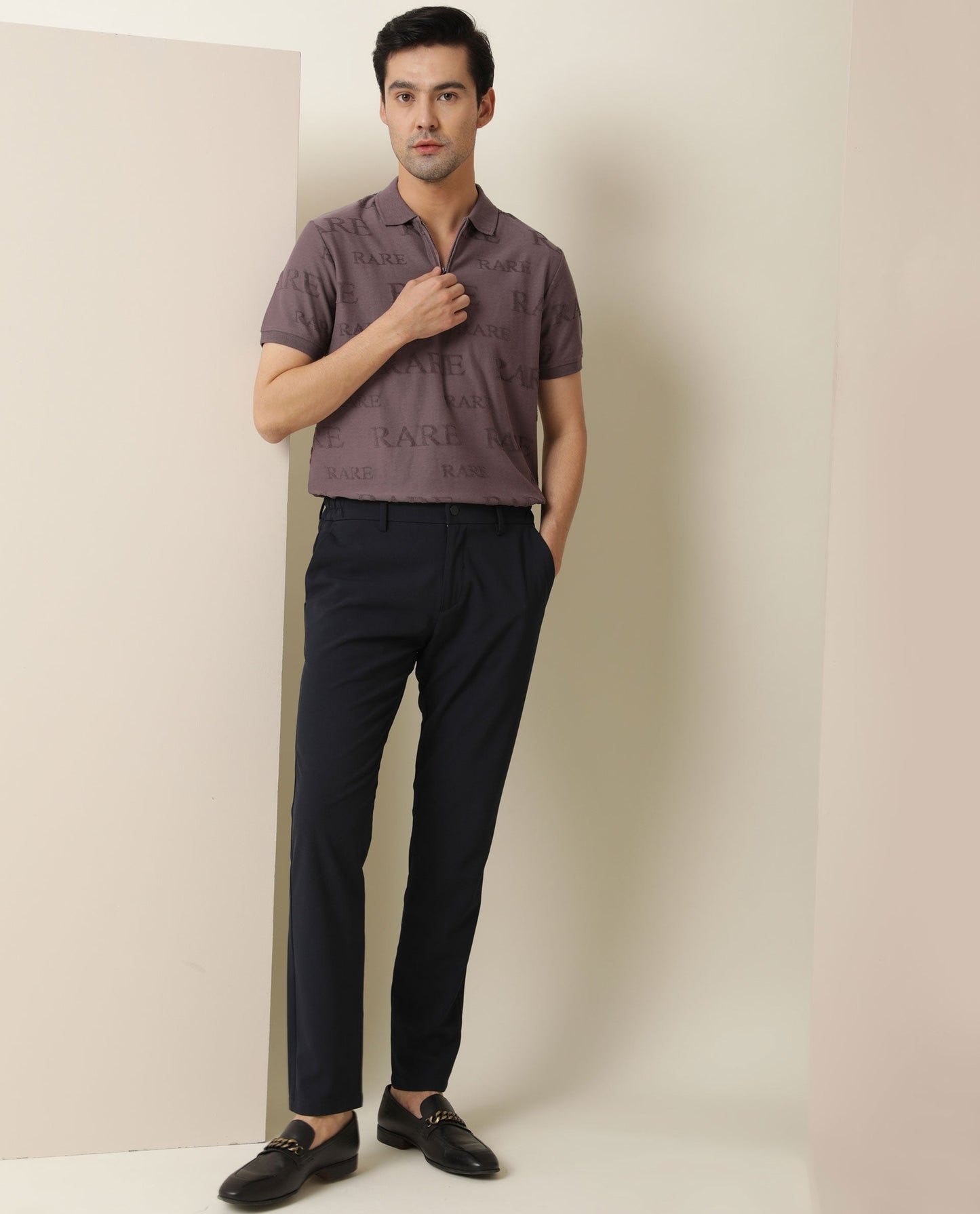 Rare Rabbit Men's Gesset Purple Cotton Fabric Collared Neck Half Sleeves Statement Polo T-Shirt