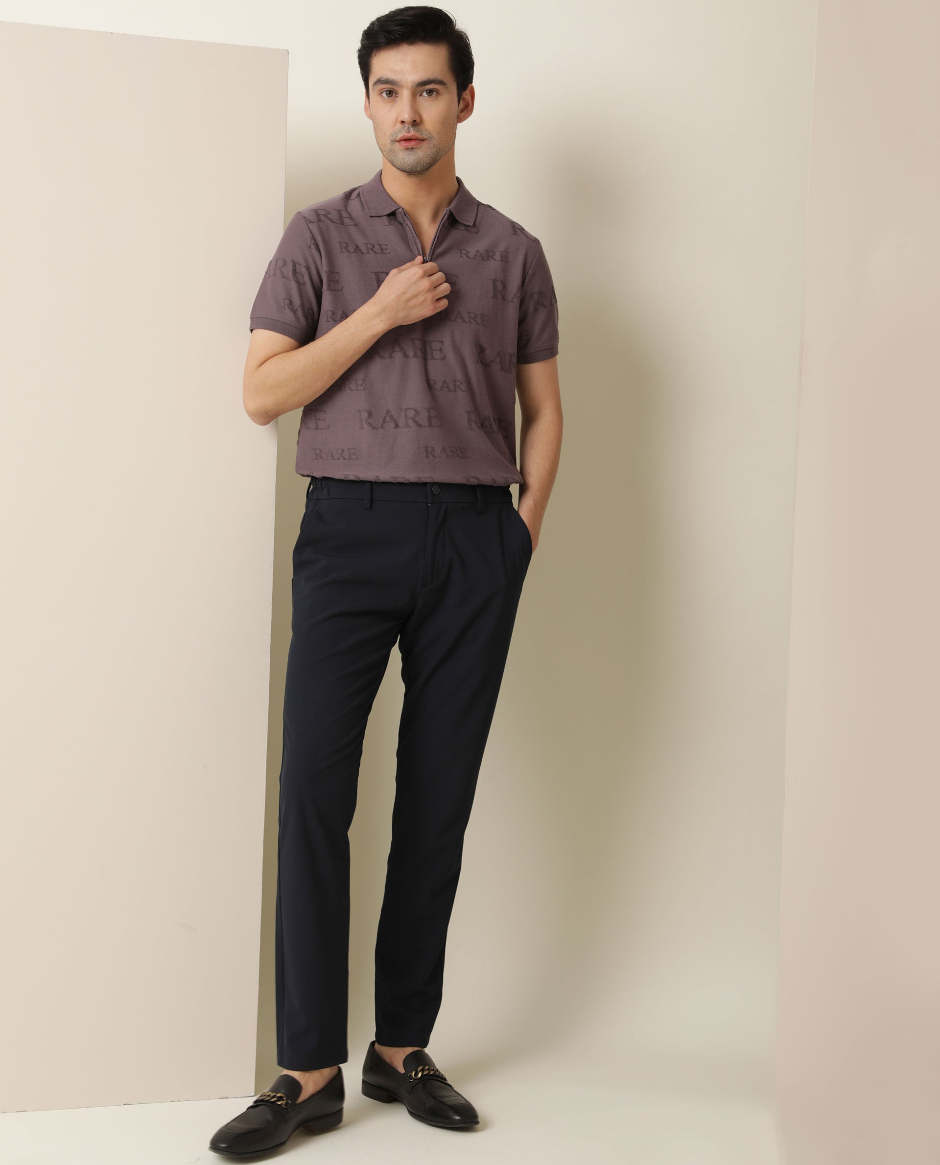 Rare Rabbit Men's Gesset Purple Cotton Fabric Collared Neck Half Sleeves Statement Polo T-Shirt