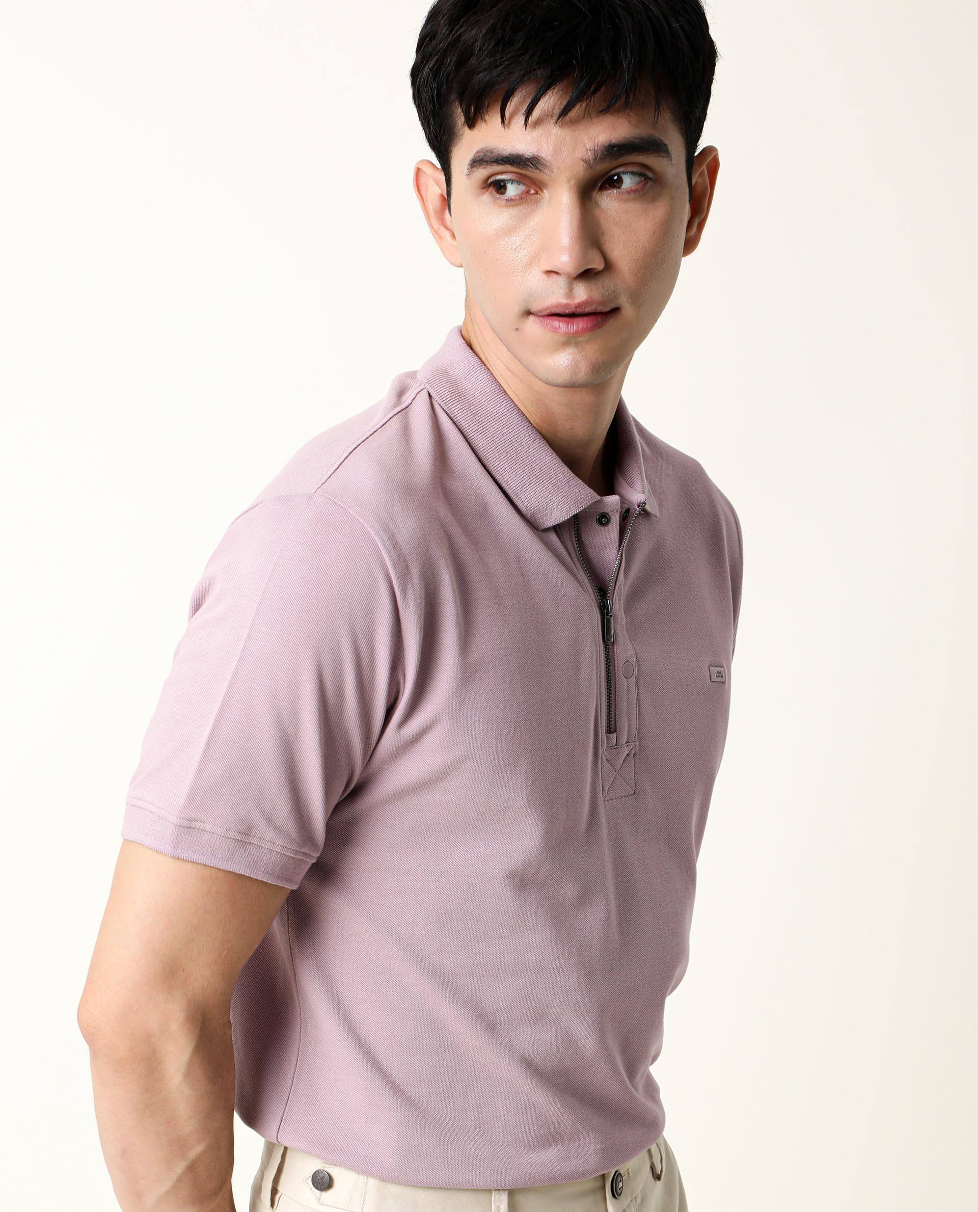 Rare Rabbit Men's Salis Pink Cotton Fabric Collared Neck Half Sleeves Button Closure Slim Fit Polo T-Shirt