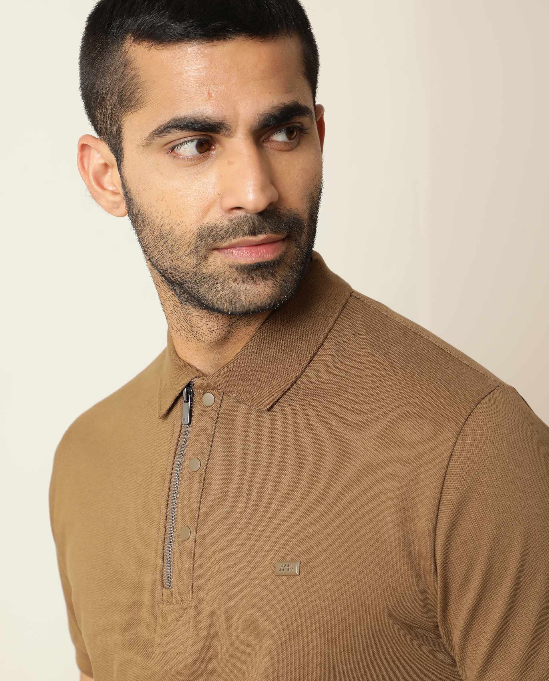 Rare Rabbit Men's Silas Brown Cotton Fabric Snap Button And Zipper Closure Collared Neck Half Sleeve Polo T-Shirt