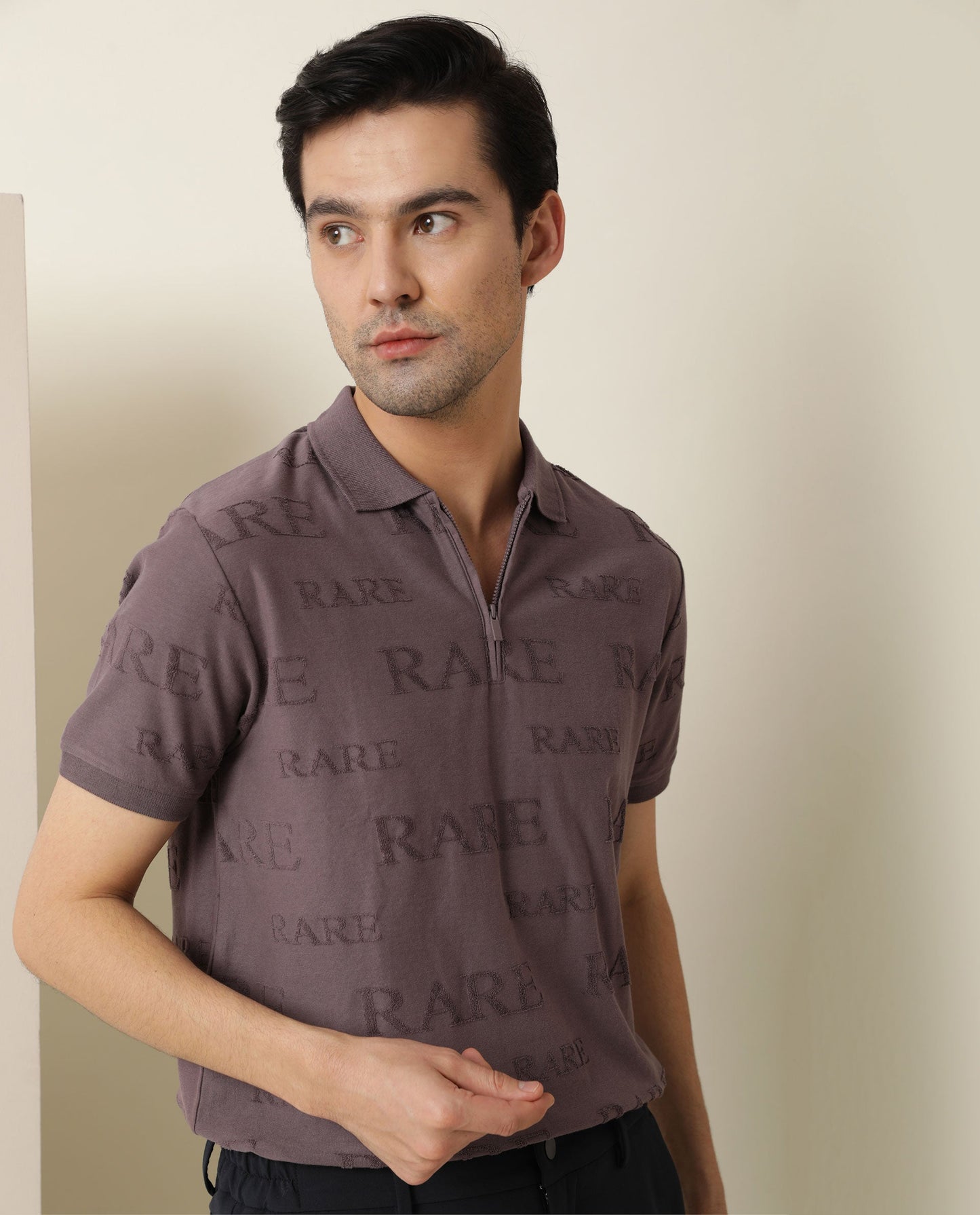 Rare Rabbit Men's Gesset Purple Cotton Fabric Collared Neck Half Sleeves Statement Polo T-Shirt