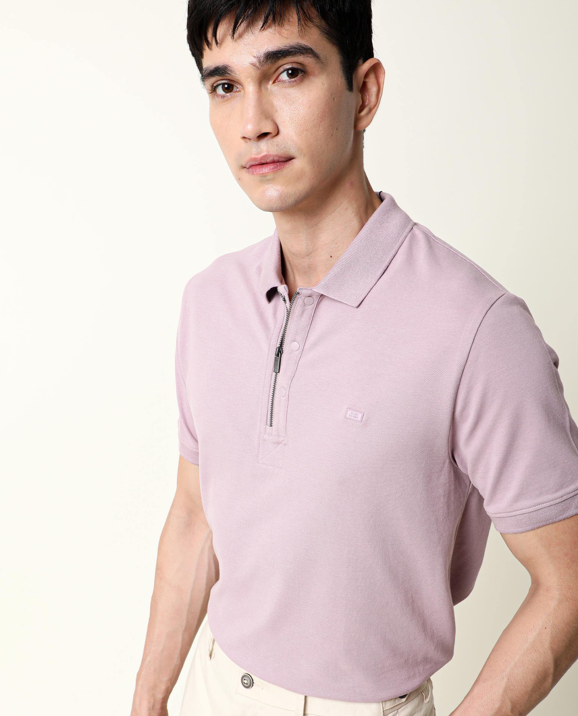 Rare Rabbit Men's Salis Pink Cotton Fabric Collared Neck Half Sleeves Button Closure Slim Fit Polo T-Shirt