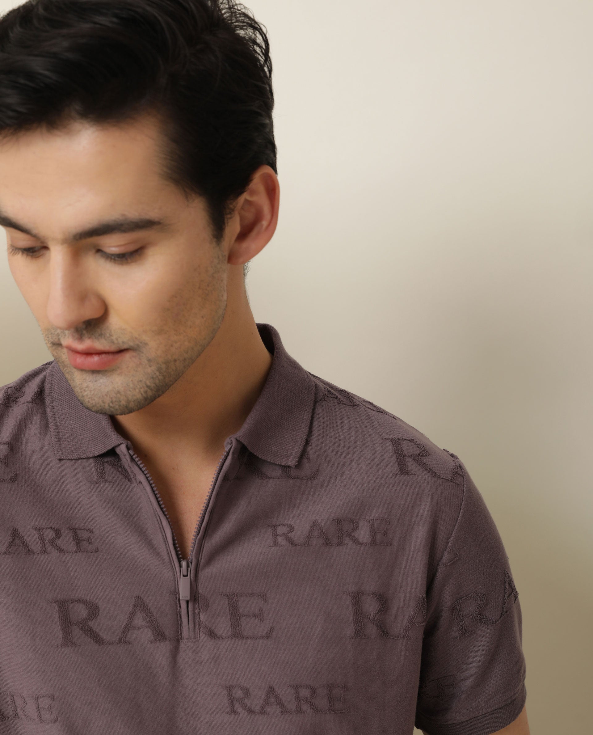 Rare Rabbit Men's Gesset Purple Cotton Fabric Collared Neck Half Sleeves Statement Polo T-Shirt