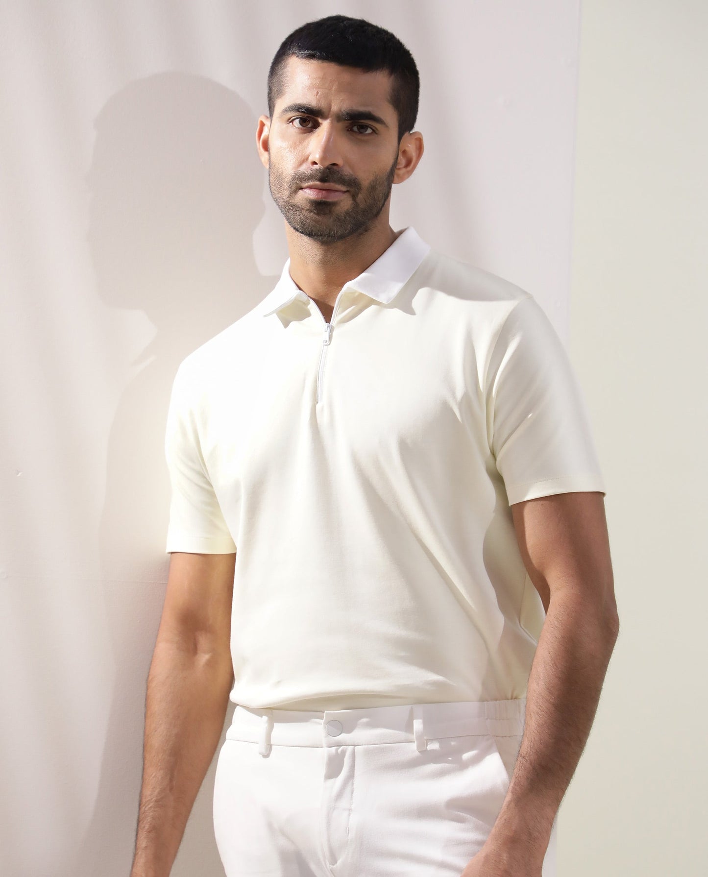 Rare Rabbit Men's Cloud Light Yellow Cotton Fabric Collared Neck Zipper Closure Half Sleeves Polo T-Shirt