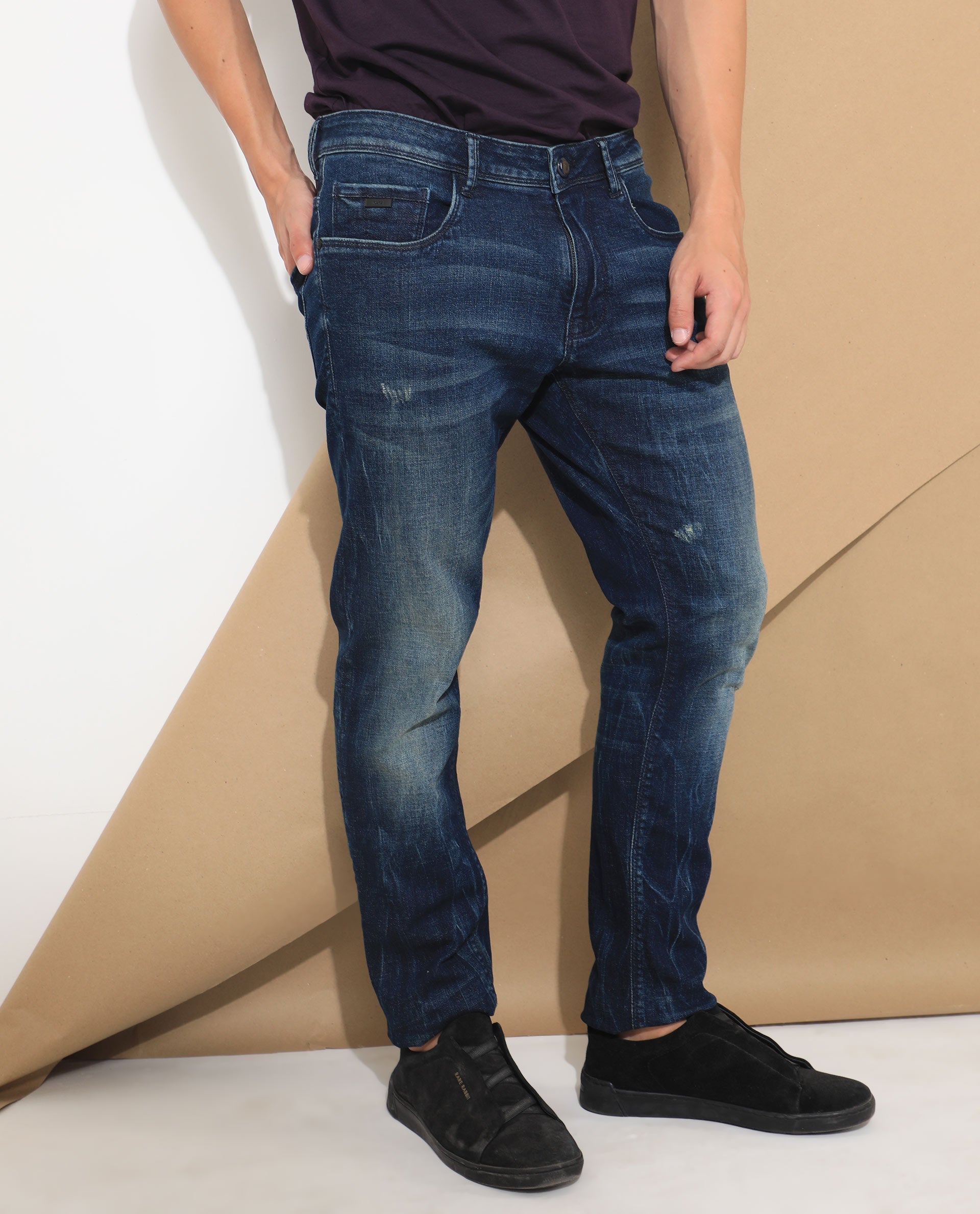 Rare Rabbit Men's Deigo Dark Blue Mid Wash Mid-Rise Mild Distressed Slim Fit Jeans