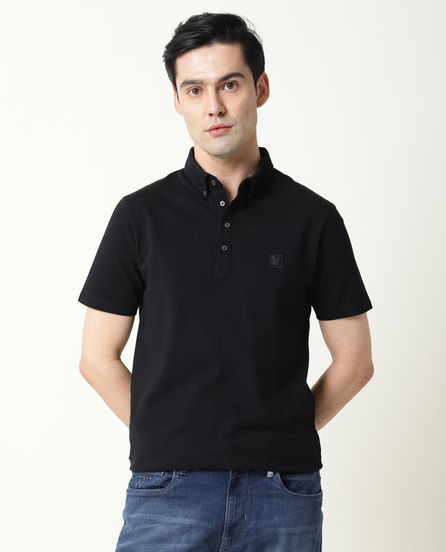 RARE RABBIT MENS CASSINI-3 BLACK POLO COTTON FABRIC SLIM FIT COLLAR COLLAR Short Sleeve