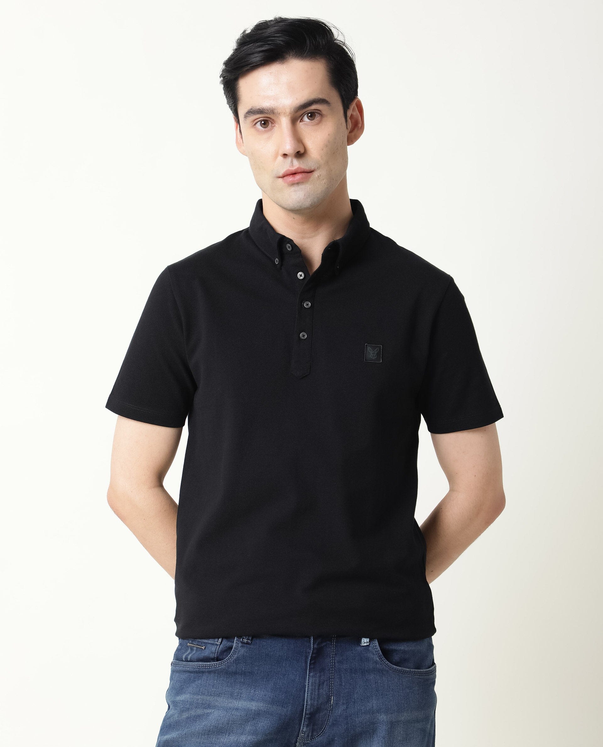 RARE RABBIT MENS CASSINI-3 BLACK POLO COTTON FABRIC SLIM FIT COLLAR COLLAR Short Sleeve