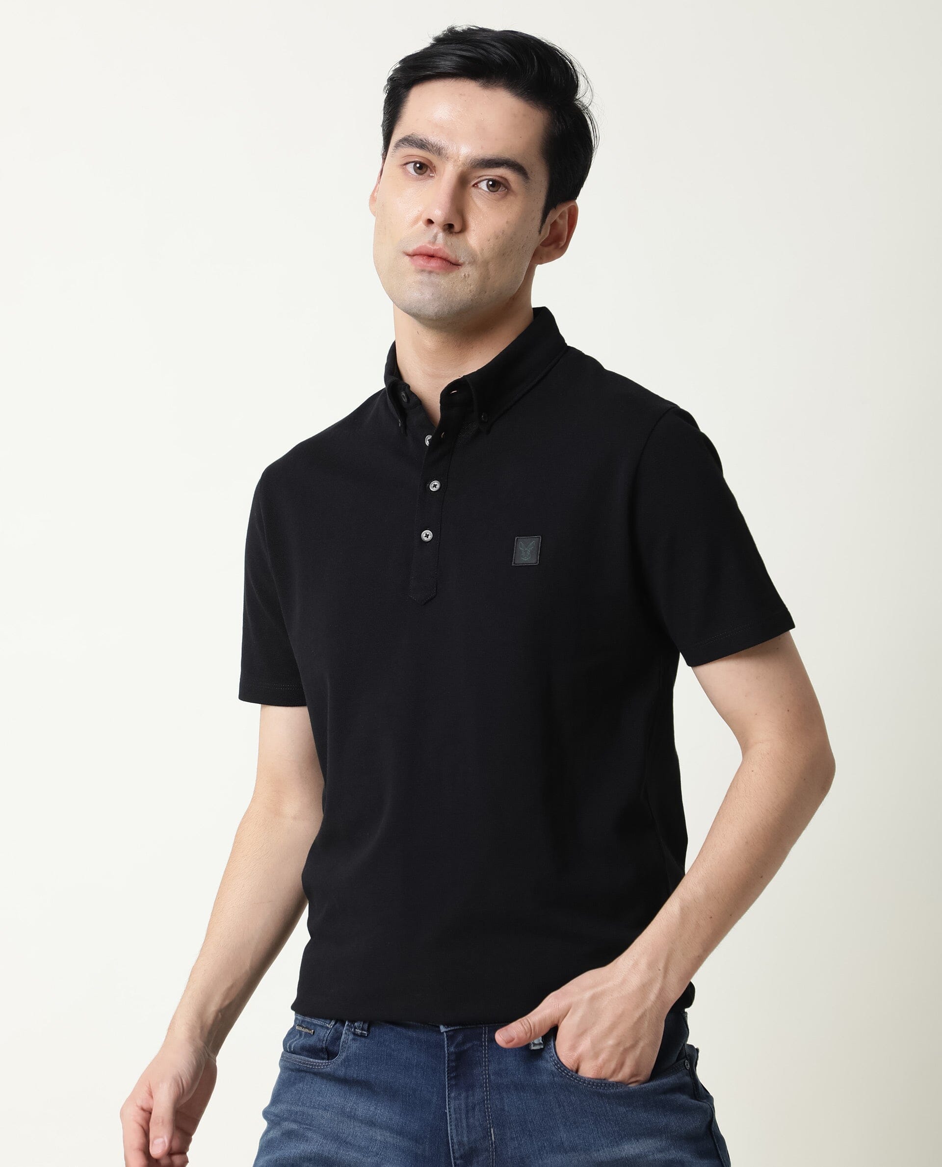 RARE RABBIT MENS CASSINI-3 BLACK POLO COTTON FABRIC SLIM FIT COLLAR COLLAR Short Sleeve