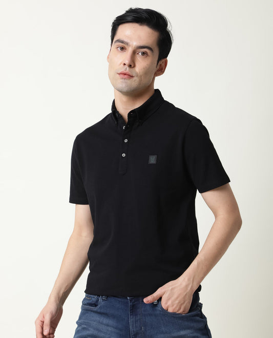 RARE RABBIT MENS CASSINI-3 BLACK POLO COTTON FABRIC SLIM FIT COLLAR COLLAR Short Sleeve