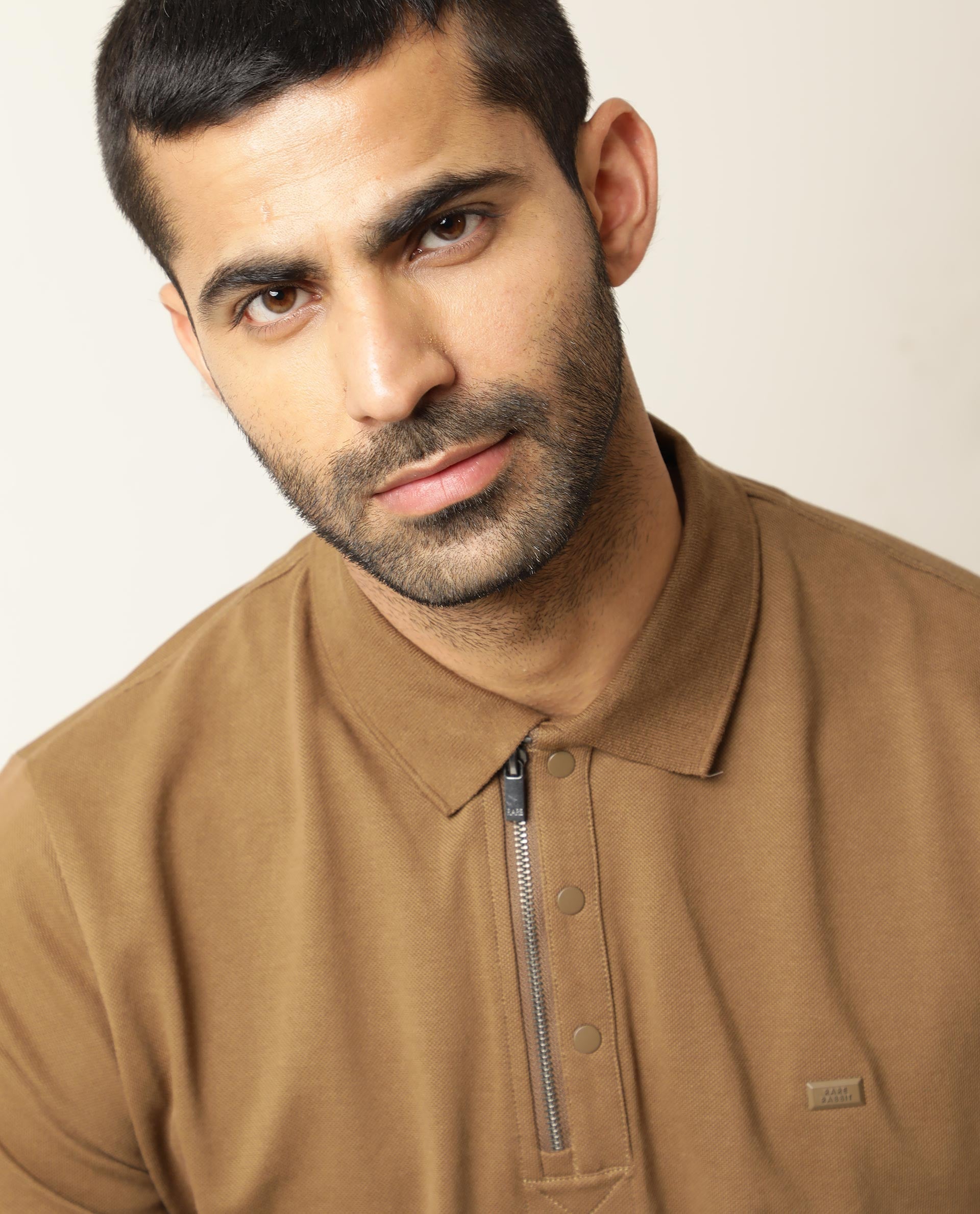 Rare Rabbit Men's Silas Brown Cotton Fabric Snap Button And Zipper Closure Collared Neck Half Sleeve Polo T-Shirt