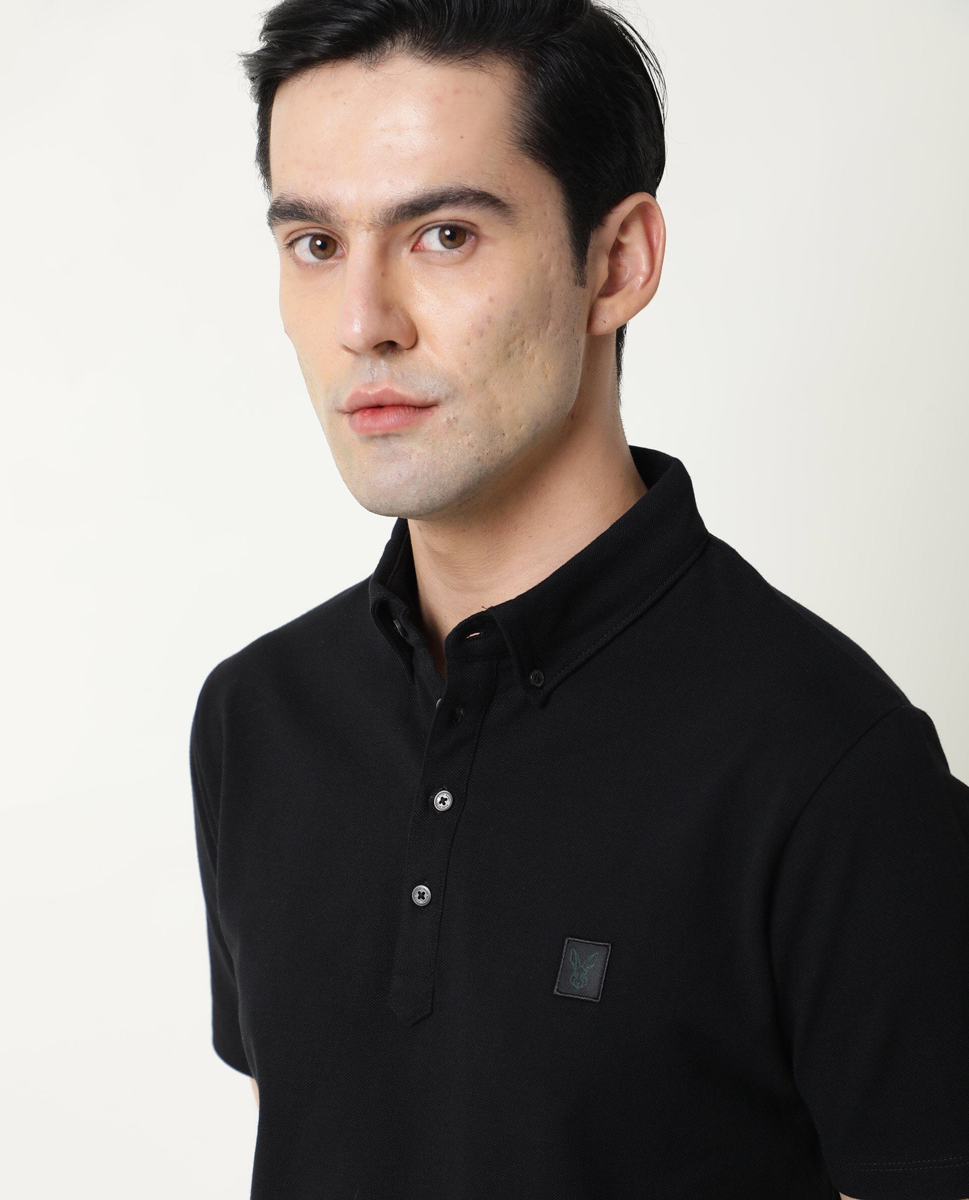 RARE RABBIT MENS CASSINI-3 BLACK POLO COTTON FABRIC SLIM FIT COLLAR COLLAR Short Sleeve