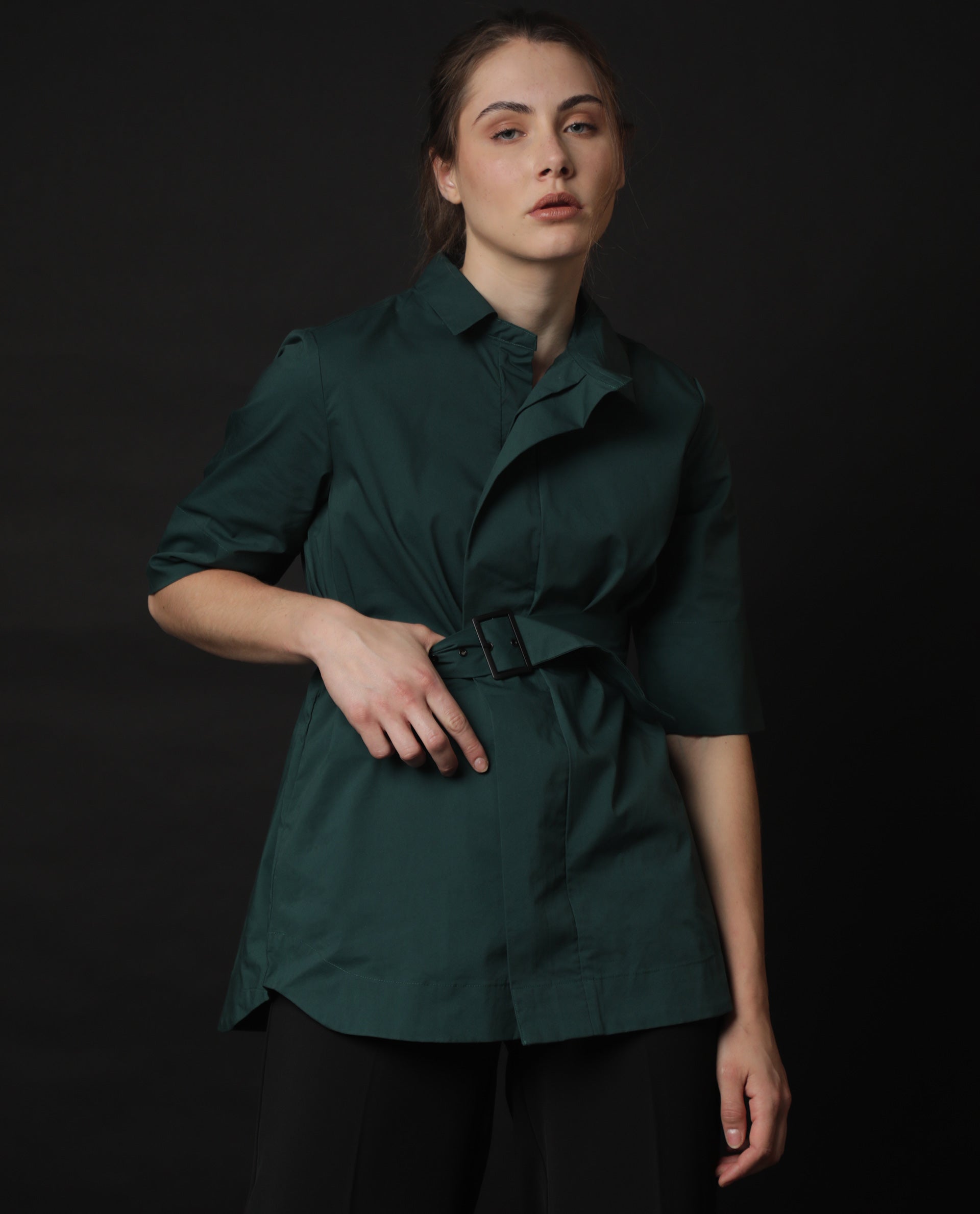 Rareism Women Cisco Dusky Green Cotton Lycra Fabric Short Sleeves Shirt Collar Regular Fit Plain Knee Length Top