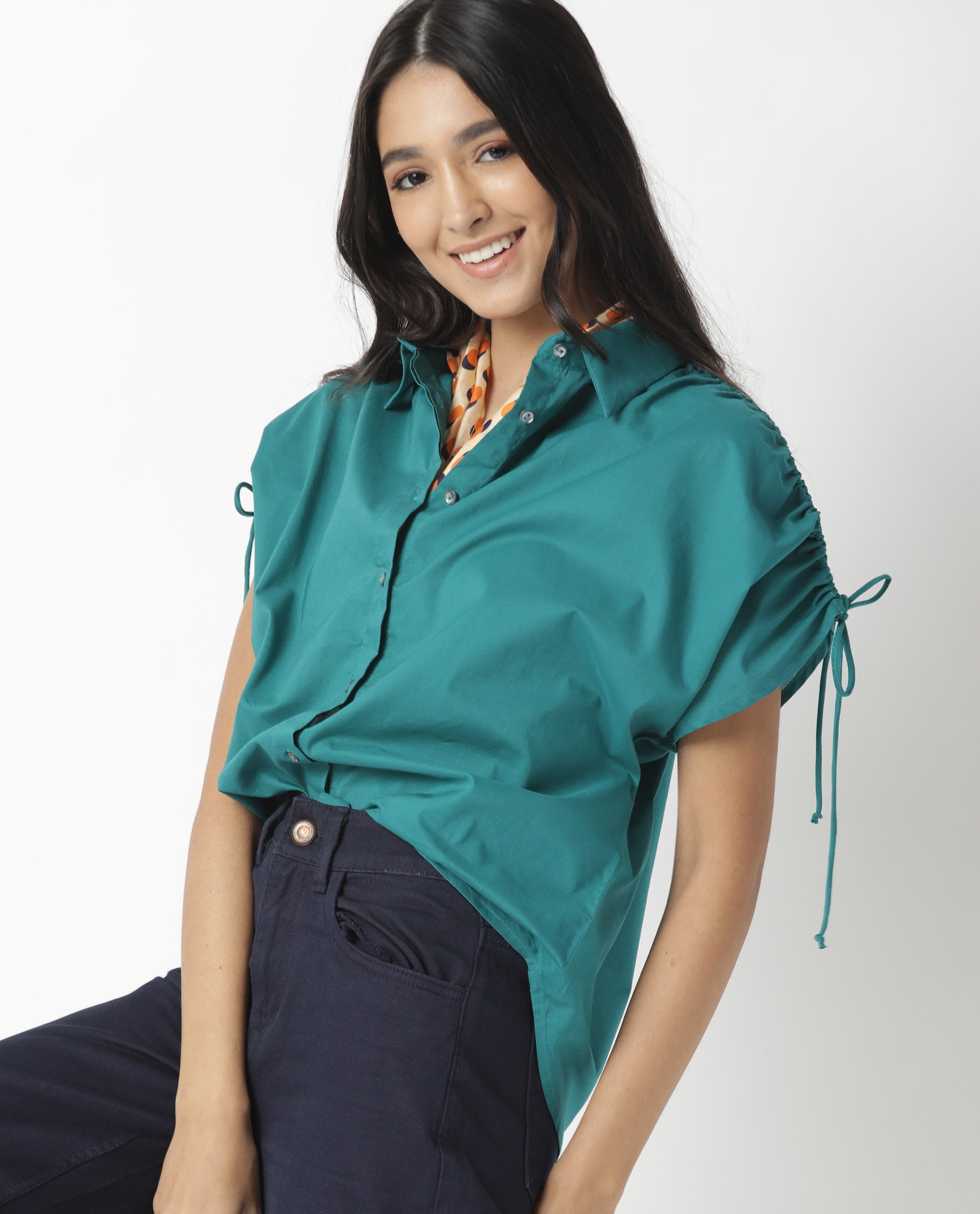 Rareism Women Tamara Dark Petrol Cotton Fabric Regular Fit Shirt Collar Half Sleeves Solid Top