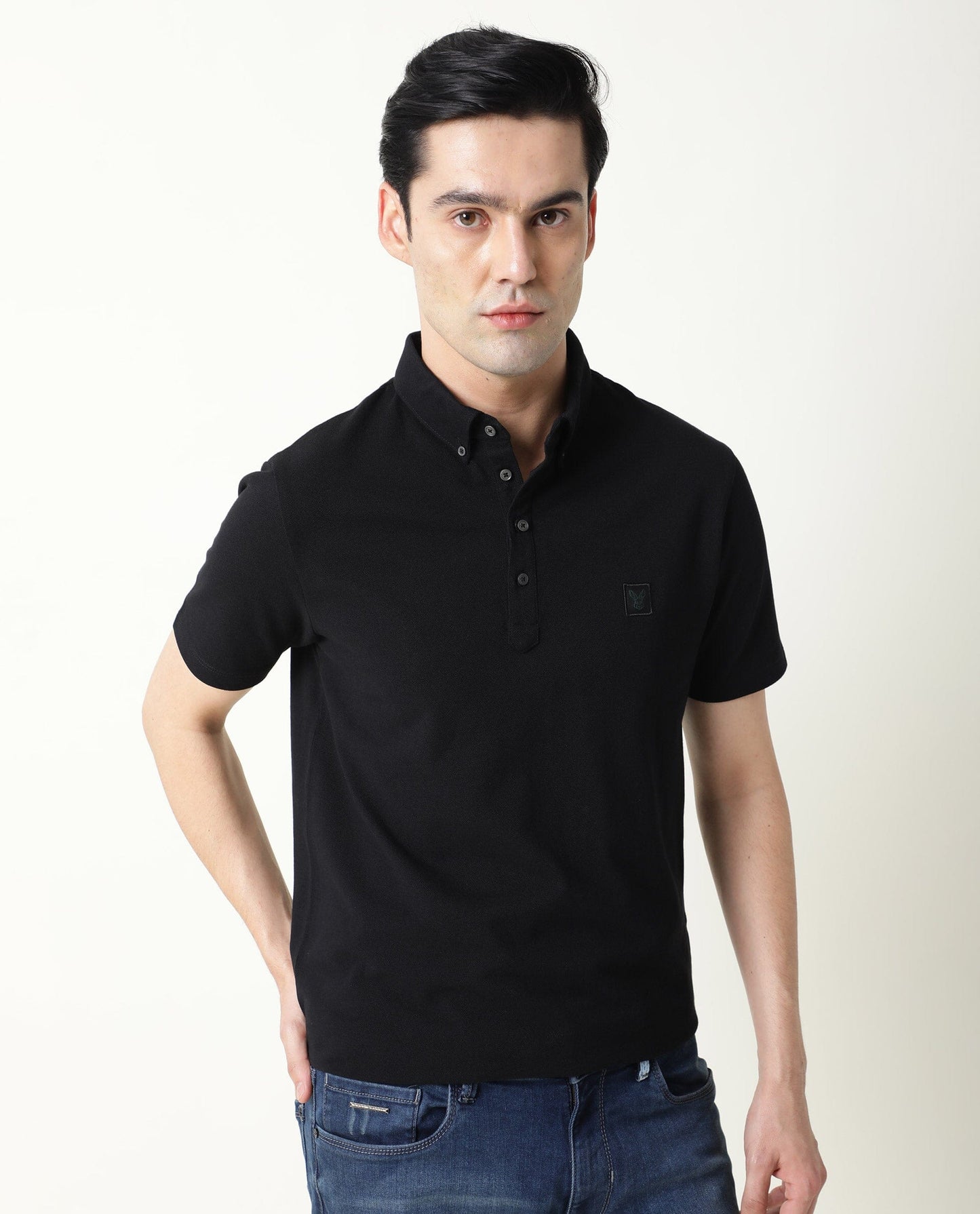 RARE RABBIT MENS CASSINI-3 BLACK POLO COTTON FABRIC SLIM FIT COLLAR COLLAR Short Sleeve