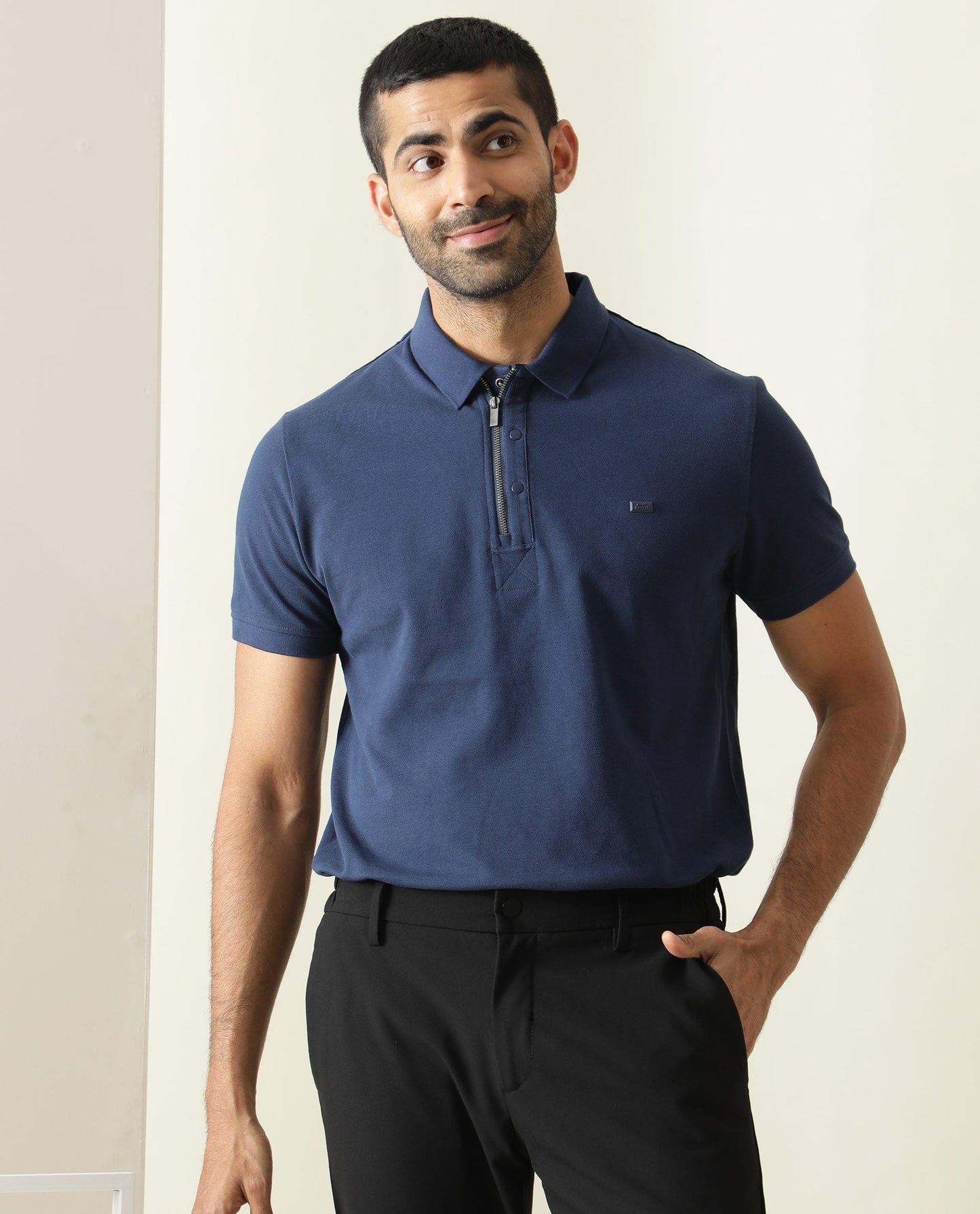 RARE RABBIT MEN'S SALIS BLUE POLO COTTON FABRIC COLLARED NECK HALF SLEEVES BUTTON CLOSURE SLIM FIT