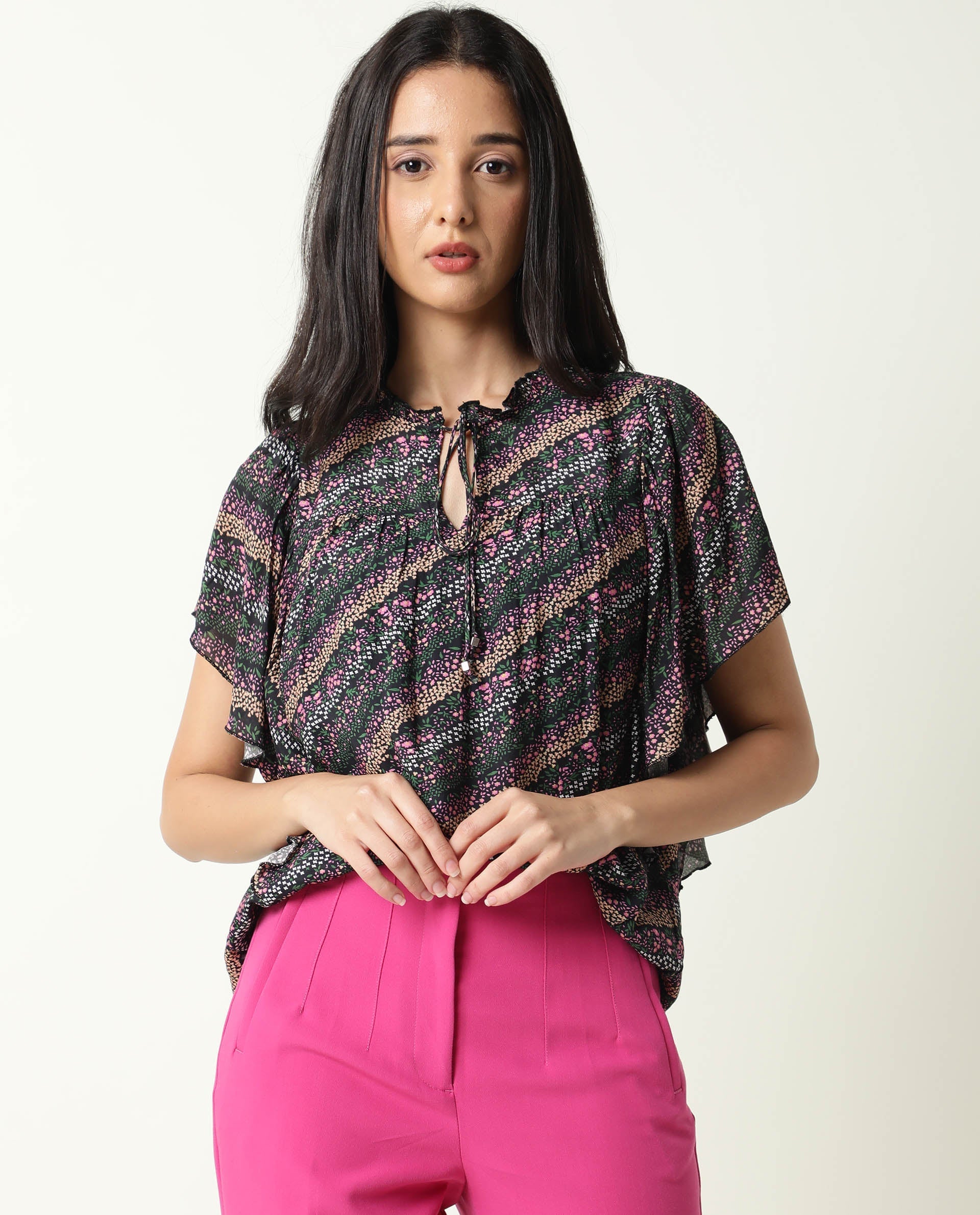 Rareism Women Doc Black Cotton Silk Fabric Relaxed Fit Tie-Up Neck Half Sleeves Floral Print Top