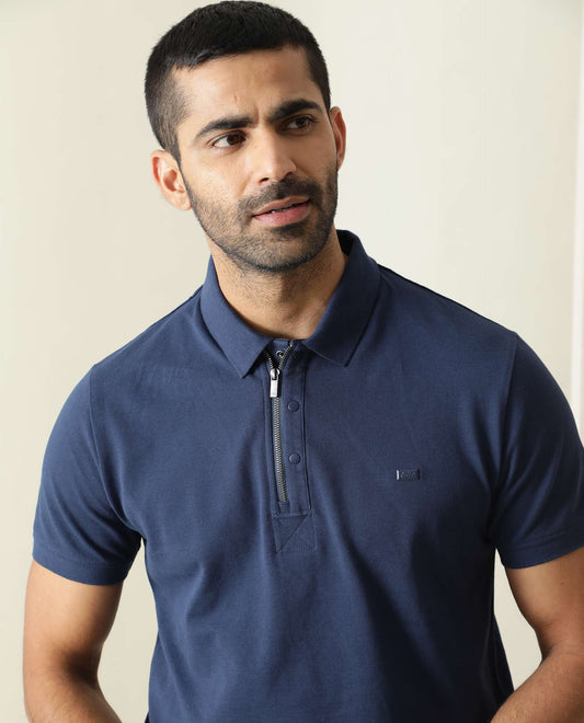 RARE RABBIT MEN'S SALIS BLUE POLO COTTON FABRIC COLLARED NECK HALF SLEEVES BUTTON CLOSURE SLIM FIT