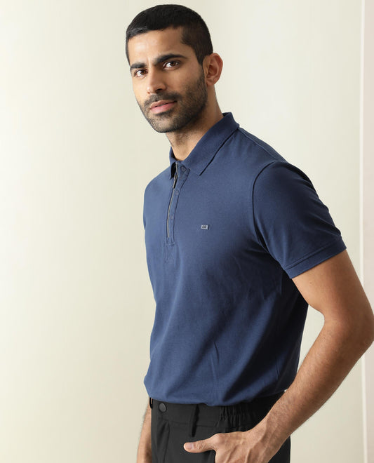 RARE RABBIT MEN'S SALIS BLUE POLO COTTON FABRIC COLLARED NECK HALF SLEEVES BUTTON CLOSURE SLIM FIT