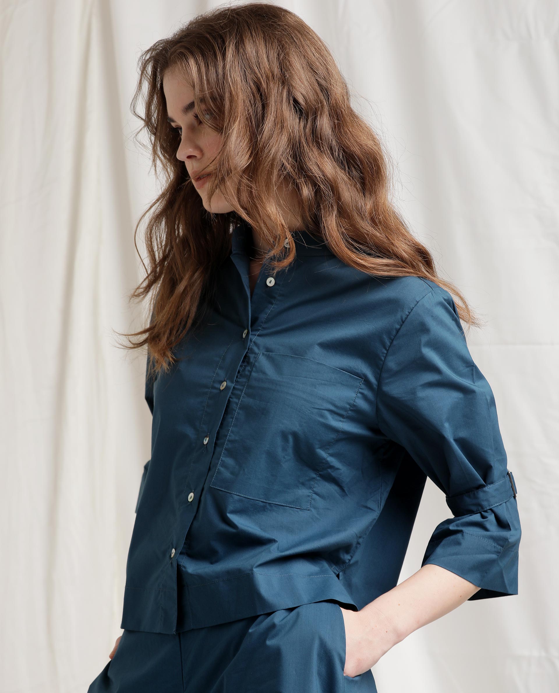 Rareism Womens Sendai Petrol Top Poly Lycra Fabric Regular Fit Half Sleeve Collared Neck