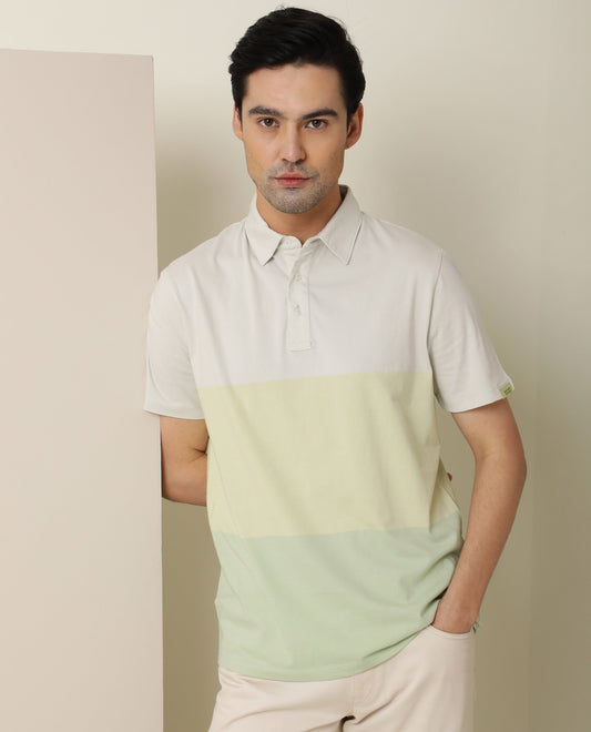 Rare Rabbit Blocky Green Cotton Fabric Collared Neck Color Block  Half Sleeve Polo