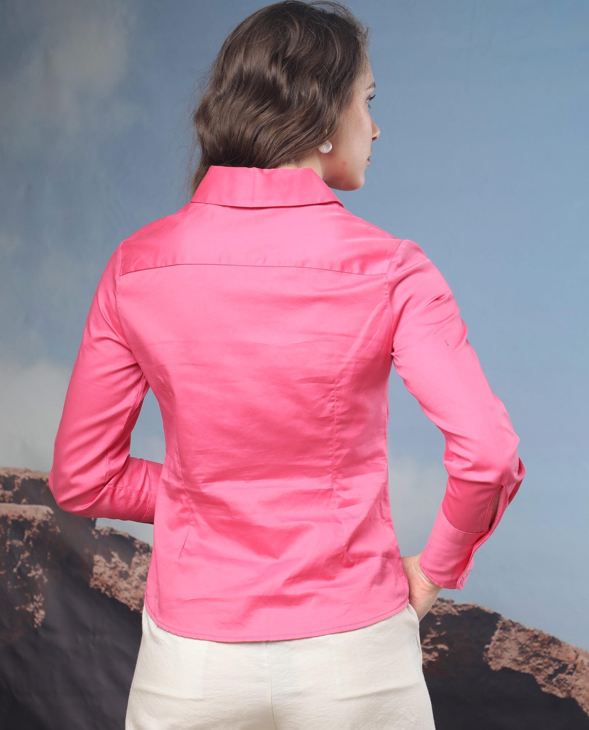 Rareism Women Aubrey Light Pink Cotton Fabric Regular Fit Shirt Collar Full Sleeves Solid Top