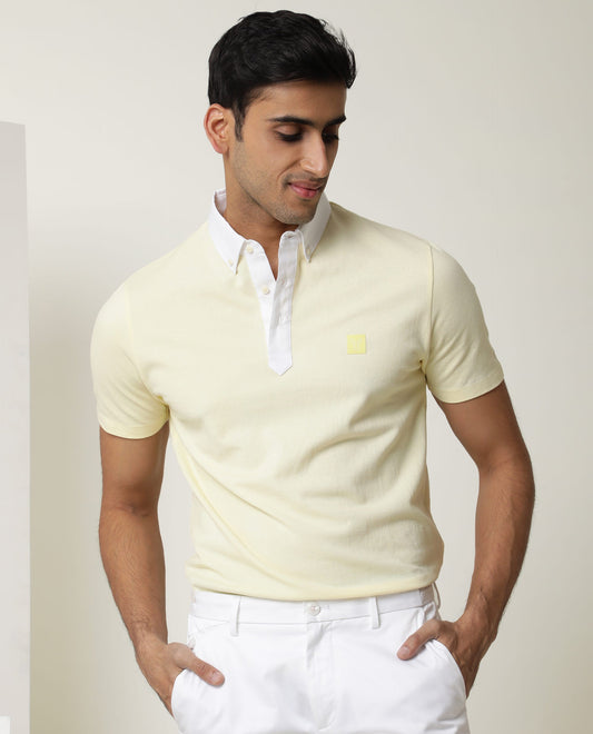Rare Rabbit Men's Parma Yellow Cotton Fabric Collared Neck Half Sleeves Button Closure Polo T-Shirt