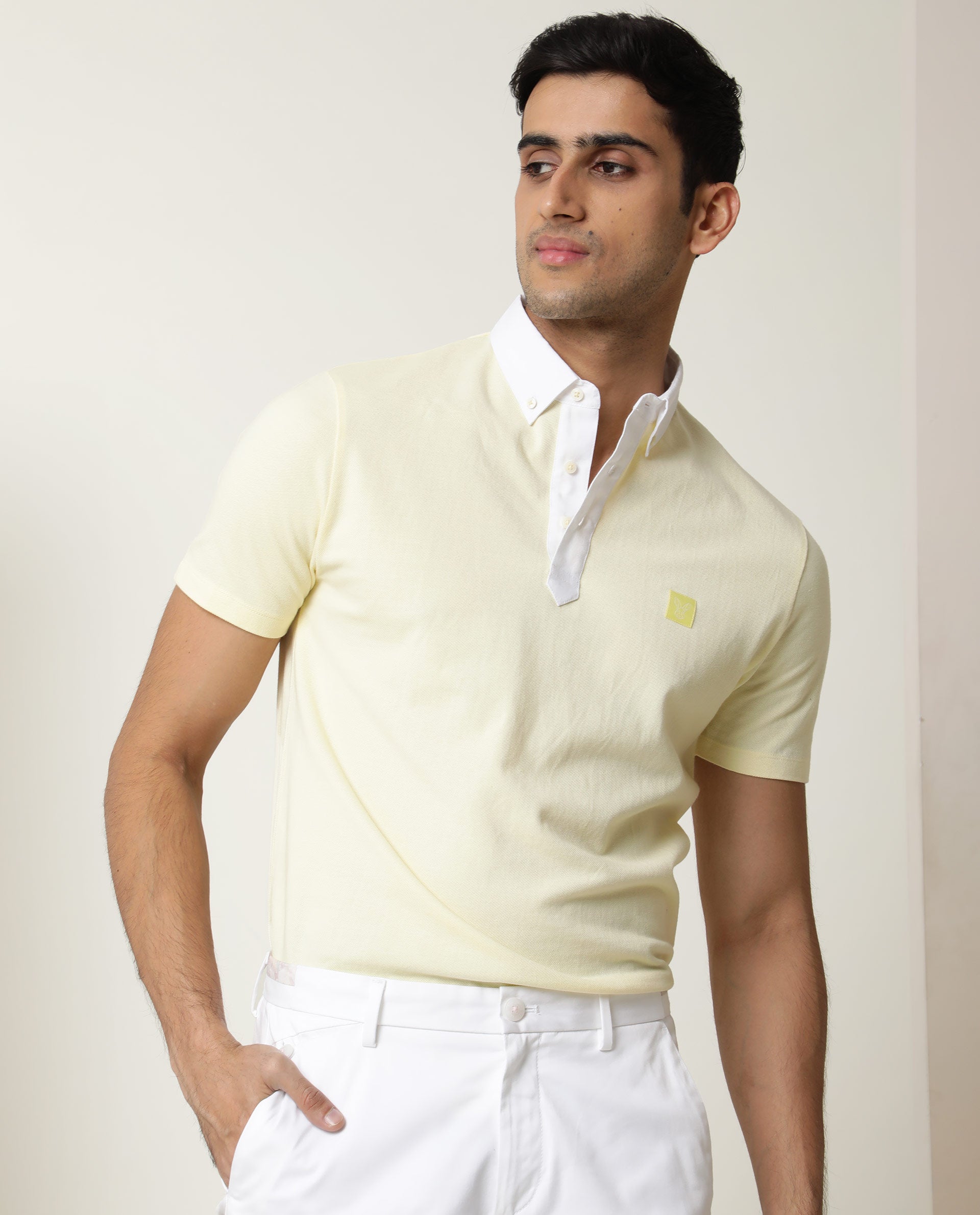Rare Rabbit Men's Parma Yellow Cotton Fabric Collared Neck Half Sleeves Button Closure Polo T-Shirt