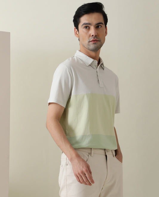 Rare Rabbit Blocky Green Cotton Fabric Collared Neck Color Block  Half Sleeve Polo