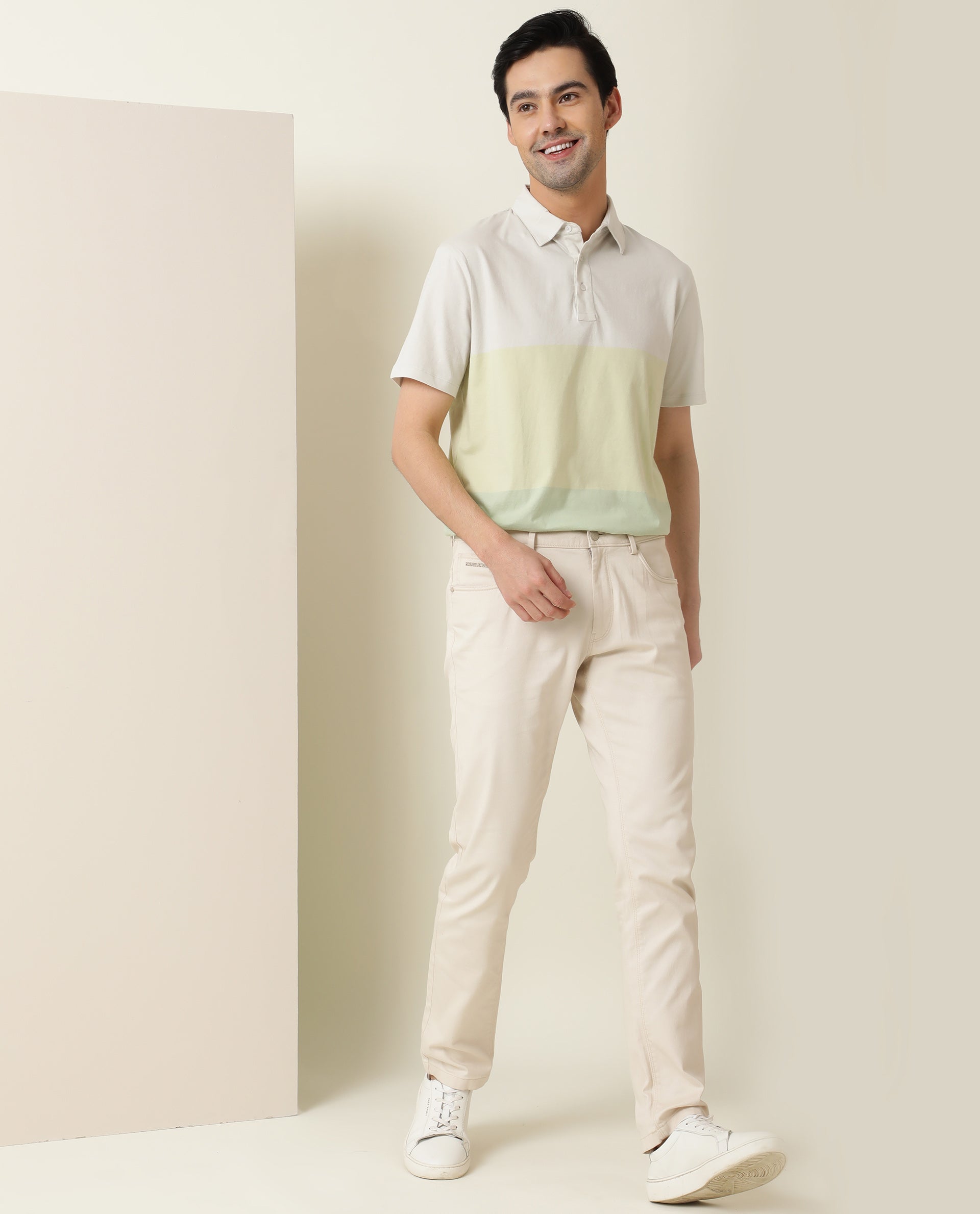 Rare Rabbit Blocky Green Cotton Fabric Collared Neck Color Block  Half Sleeve Polo