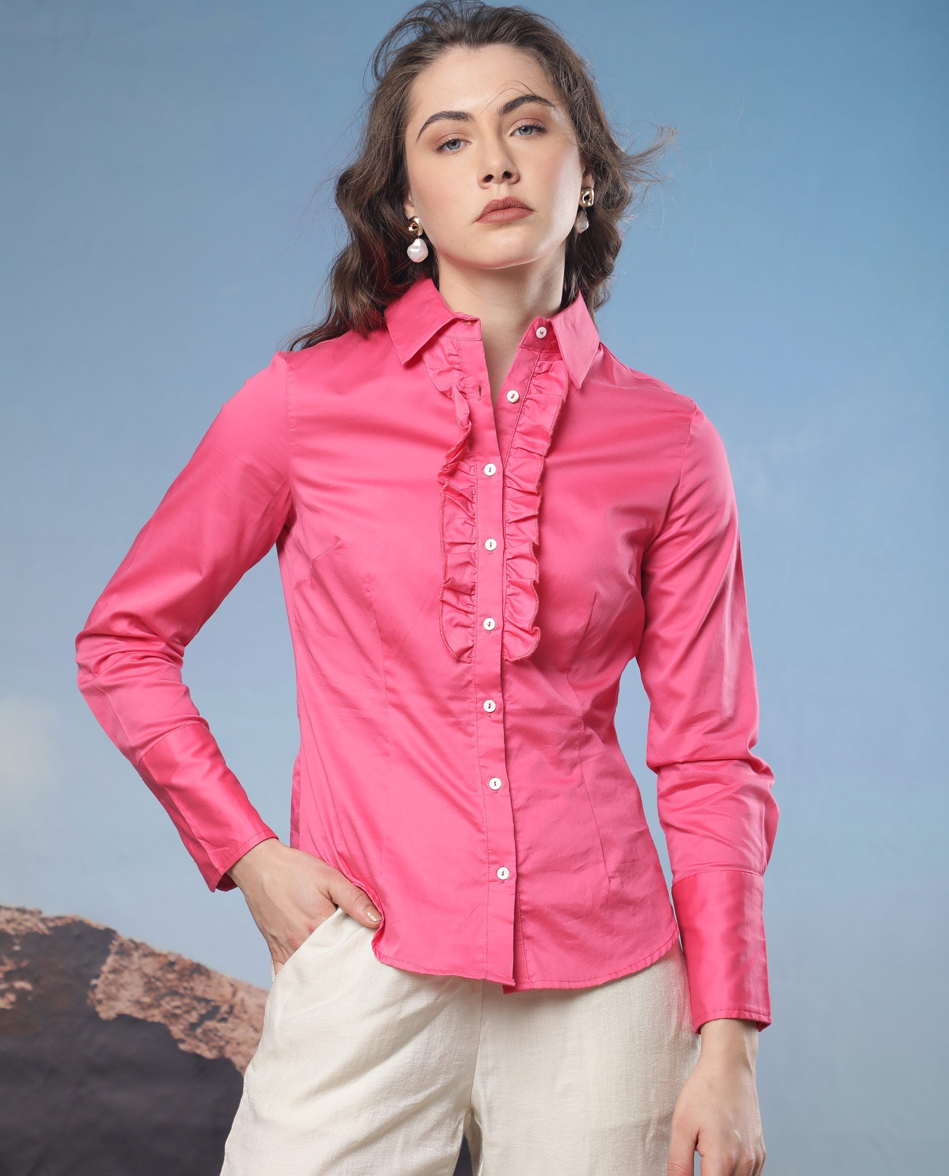 Rareism Women Aubrey Light Pink Cotton Fabric Regular Fit Shirt Collar Full Sleeves Solid Top