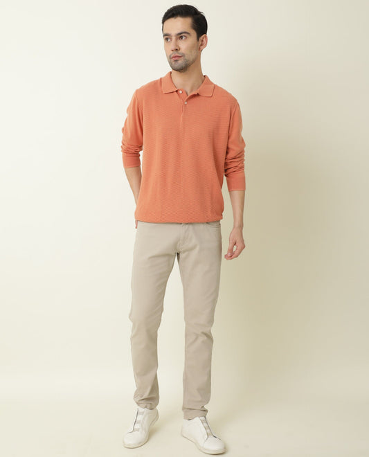 Rare Rabbit Men's Present Orange Cotton Fabric Full Sleeves Textured Polo T-Shirt