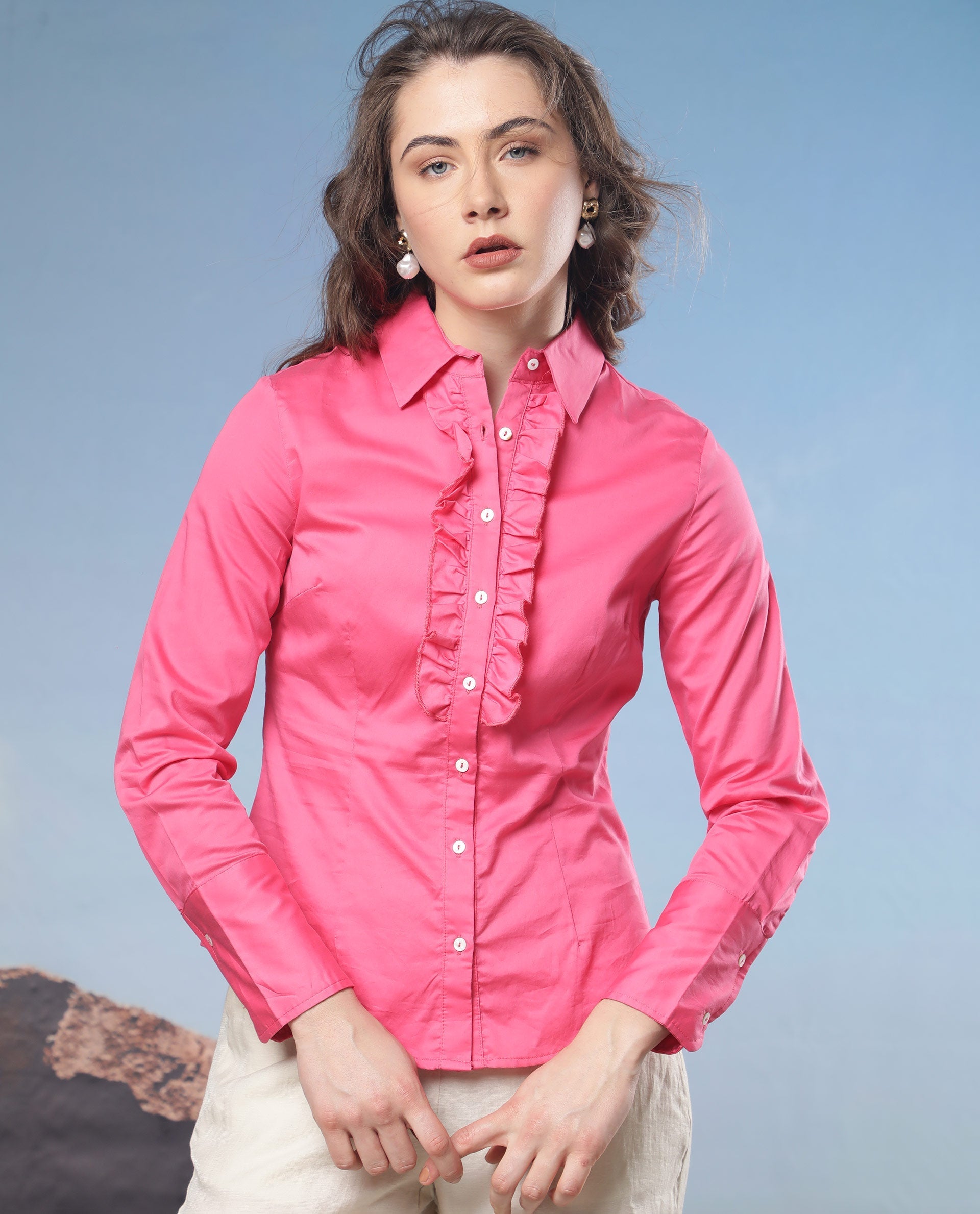 Rareism Women Aubrey Light Pink Cotton Fabric Regular Fit Shirt Collar Full Sleeves Solid Top