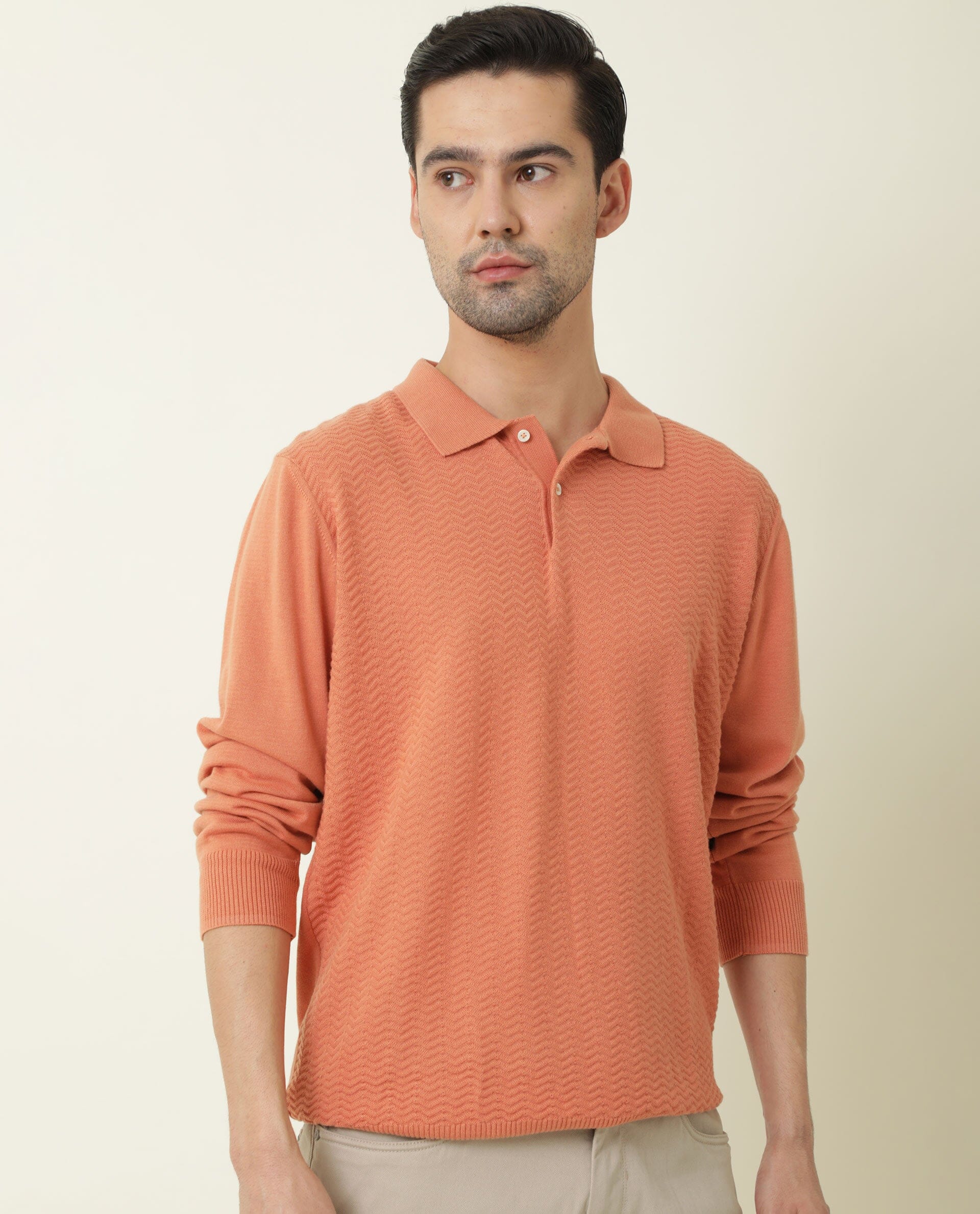 Rare Rabbit Men's Present Orange Cotton Fabric Full Sleeves Textured Polo T-Shirt